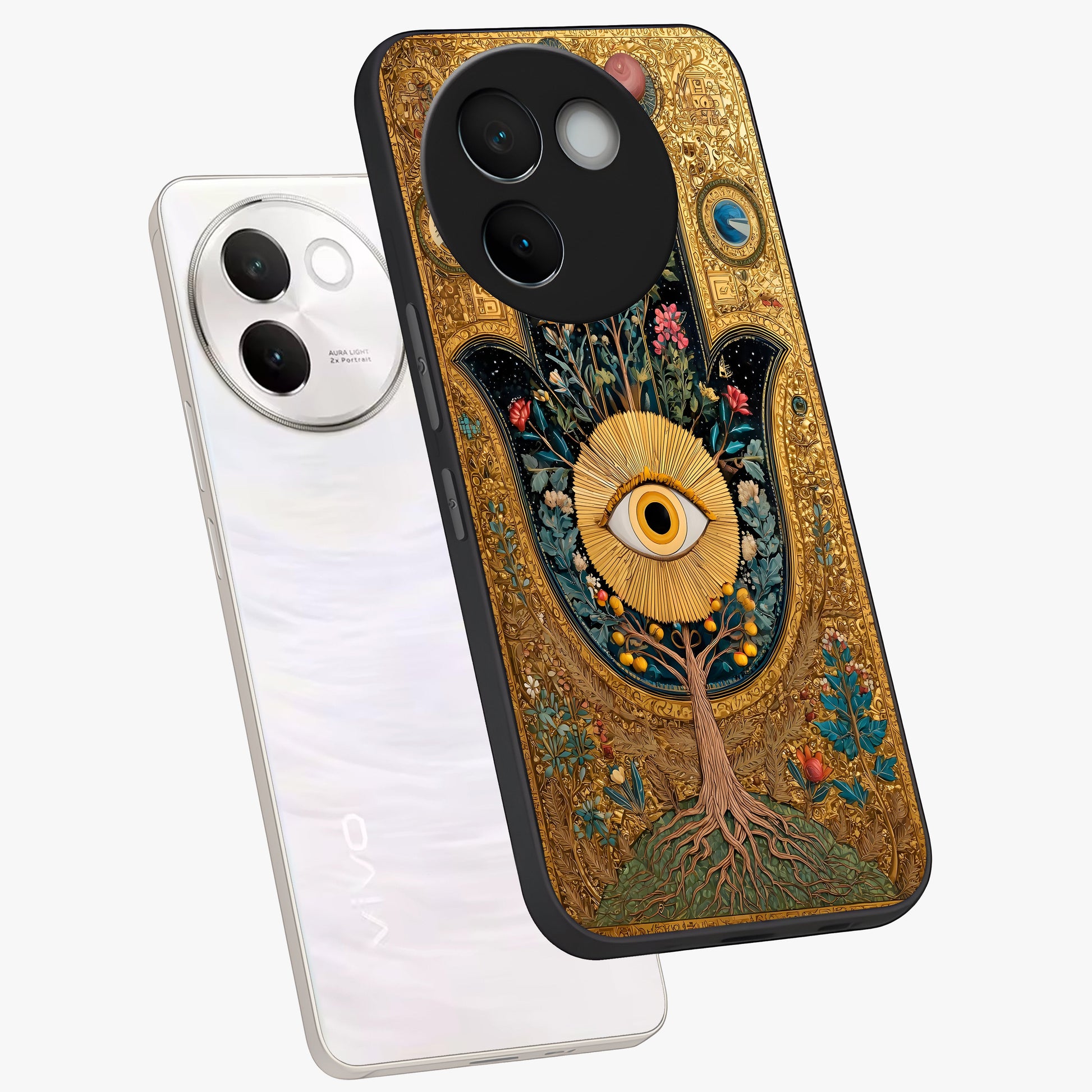 Ethereal Evil Eye Glass Case displayed in angled mockup highlighting protective evil eye symbol with spiritual aesthetic design.