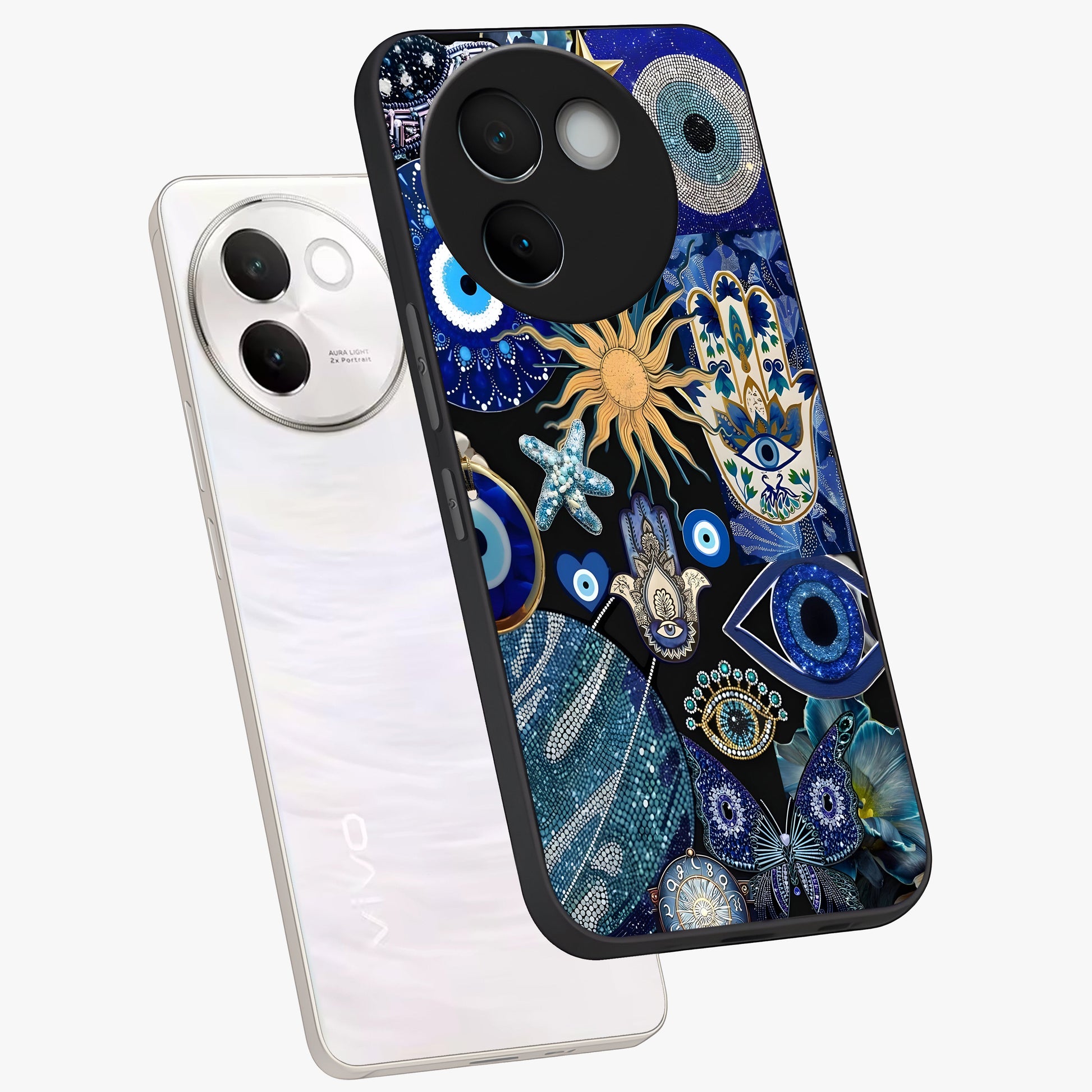 Evil Eye Charm Mix Glass Case displayed in angled mockup highlighting protective evil eye symbols with spiritual aesthetic design.