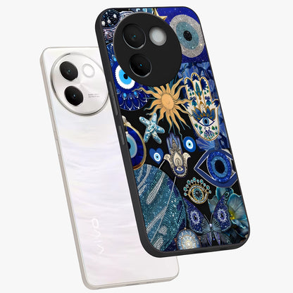 Evil Eye Charm Mix Glass Case displayed in angled mockup highlighting protective evil eye symbols with spiritual aesthetic design.