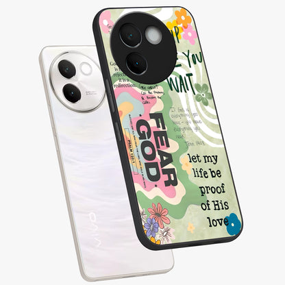Faith Over Fear Glass Case displayed in angled mockup highlighting inspirational message design with modern aesthetic style.