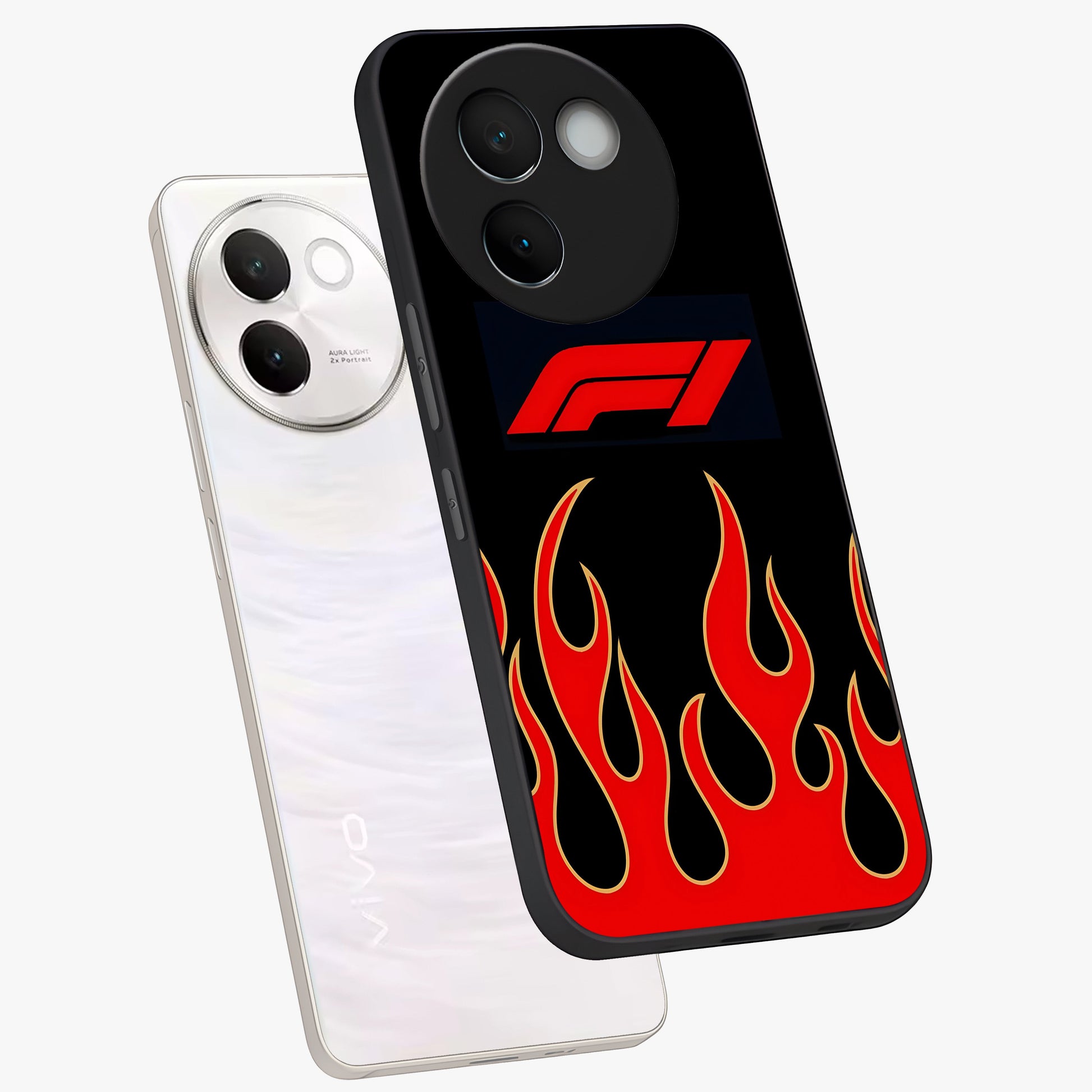 Fire F11 Glass Case displayed in angled mockup highlighting bold fire inspired graphic with energetic aesthetic style.