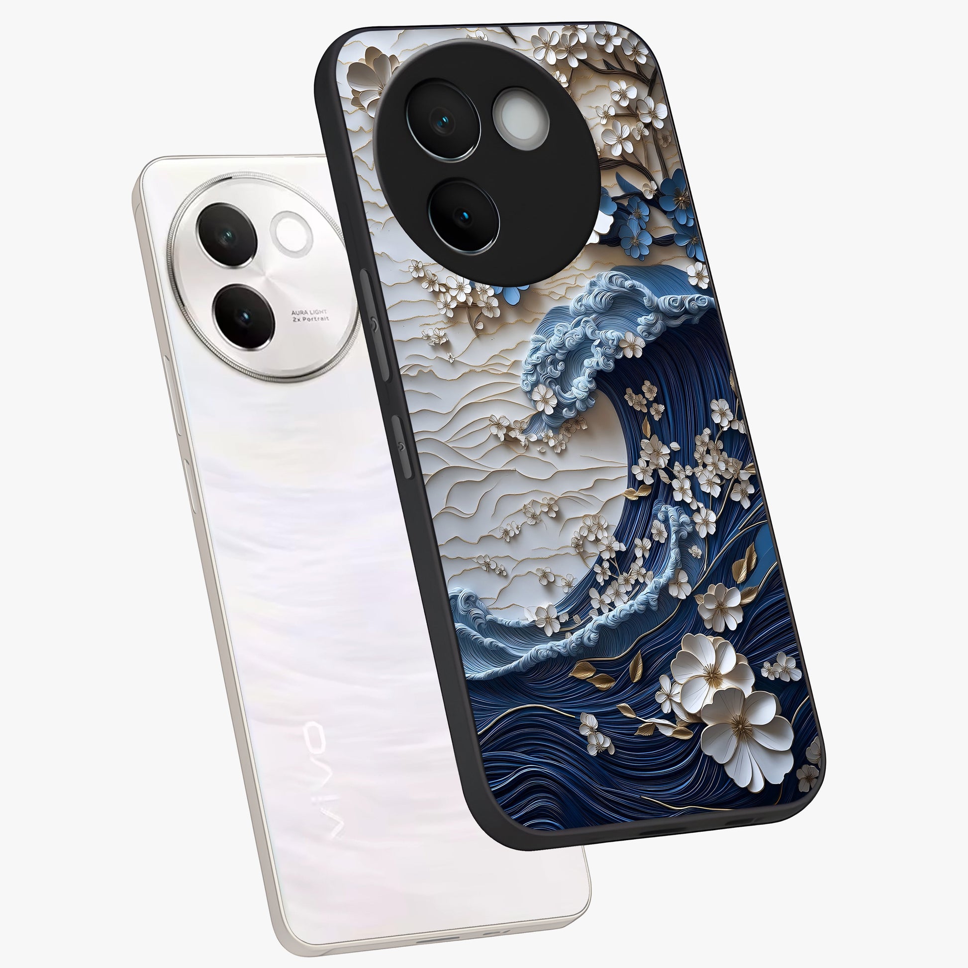 Floral Wave Origami Glass Case displayed in angled mockup highlighting geometric origami flower design with modern aesthetic style.