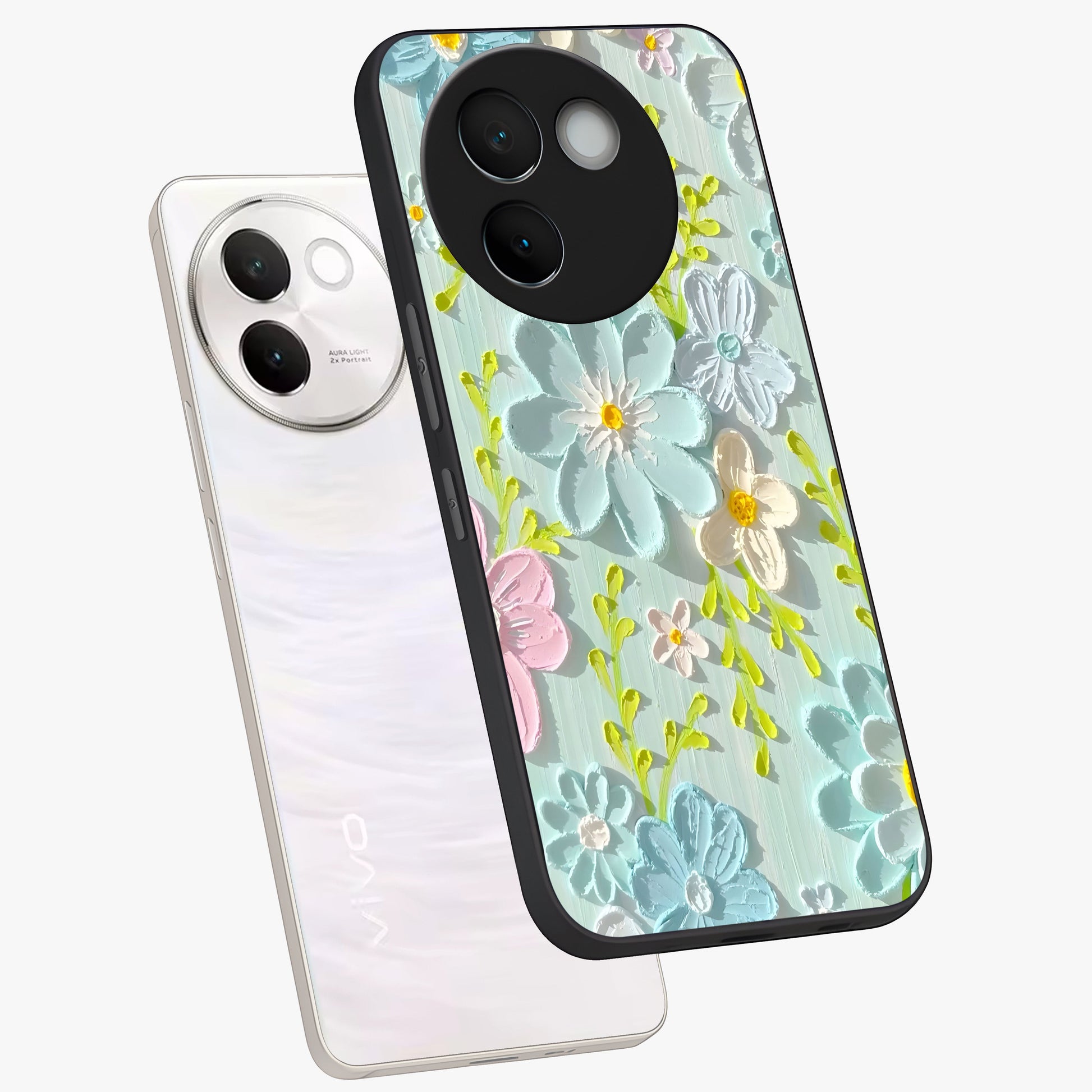 Frosted Petal Garden Glass Case displayed in angled mockup highlighting delicate flower petal design with calm garden aesthetic.