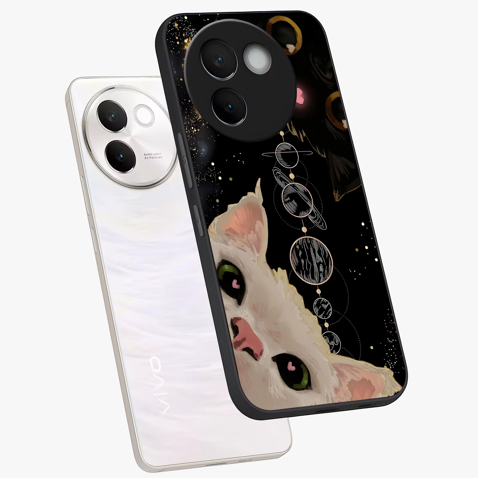 Galactic Cat Glass Case displayed in angled mockup highlighting celestial feline illustration with galaxy aesthetic style.