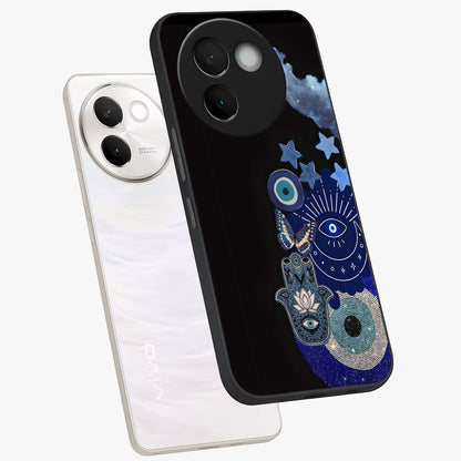 Galactic Charm Cluster Glass Case displayed in angled mockup highlighting luminous galaxy inspired design with dreamy aesthetic.