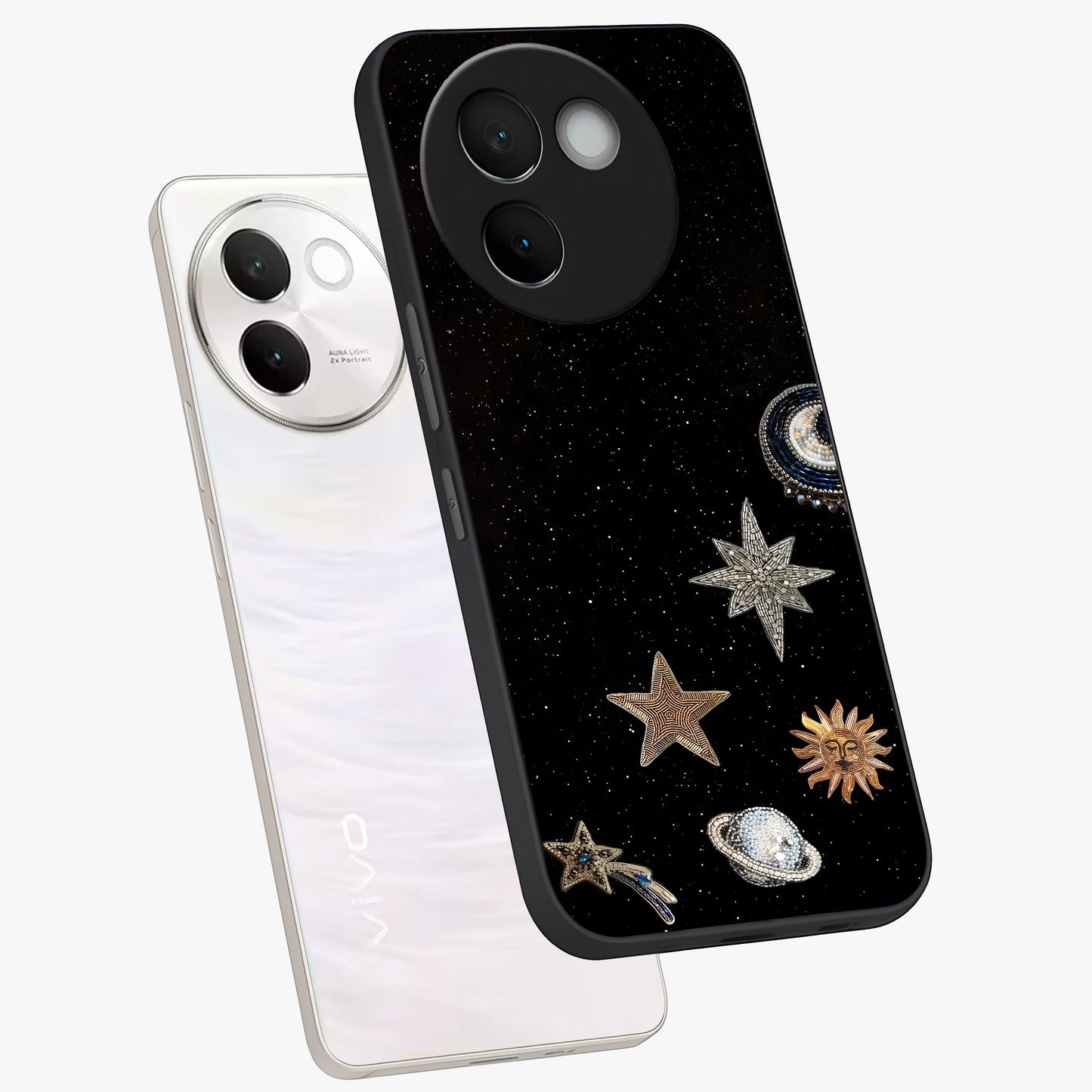 Galactic Charm Glow Glass Case displayed in angled mockup highlighting luminous galaxy inspired design with dreamy aesthetic.
