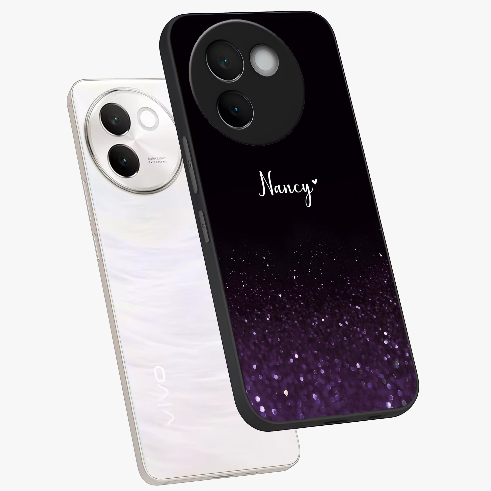Glittery Purple Bokeh Custom Name Glass Case displayed in angled mockup highlighting glitter bokeh pattern with custom name feature.