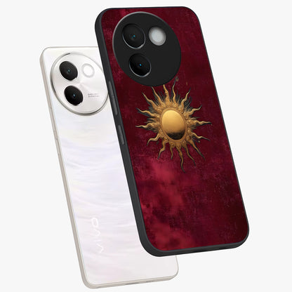 Golden Sun Minimalism Glass Case displayed in angled mockup highlighting clean sun symbol design with modern minimal aesthetic.