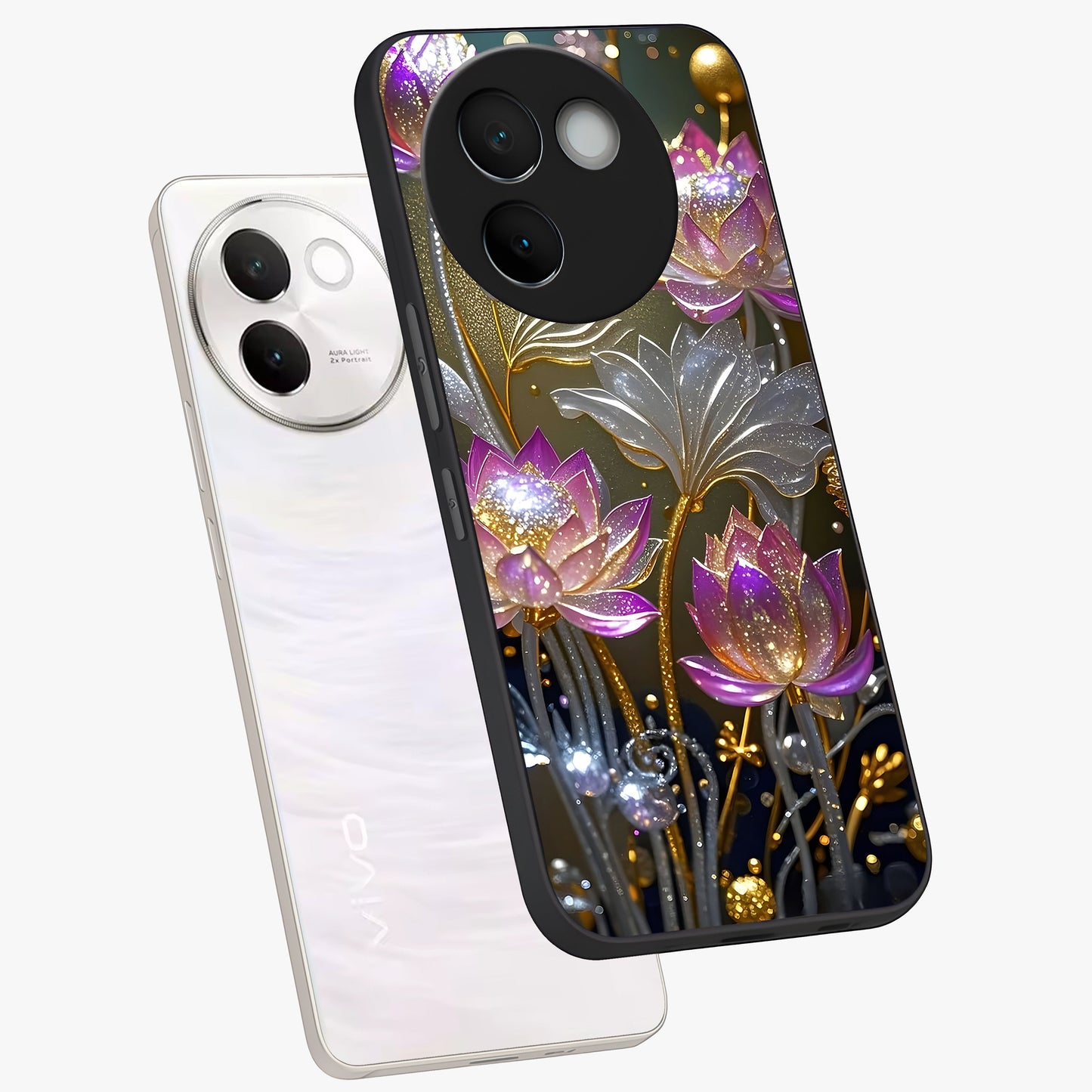 Golden Floral Majesty Glass Case displayed in angled mockup highlighting elegant flower design with royal golden aesthetic.