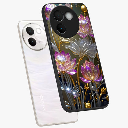 Golden Floral Majesty Glass Case displayed in angled mockup highlighting elegant flower design with royal golden aesthetic.