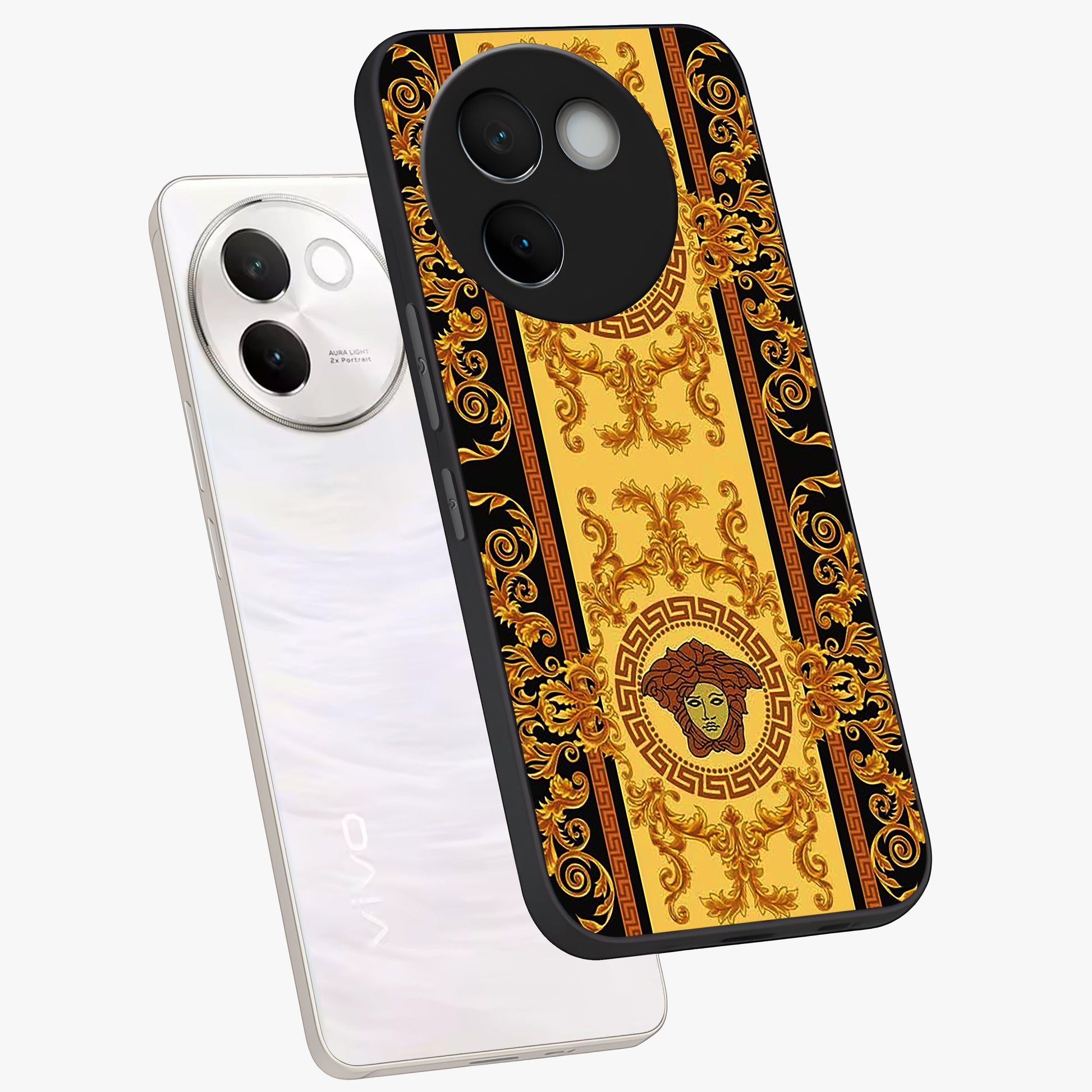 Golden Lotus Glow Glass Case displayed in angled mockup highlighting radiant lotus illustration with spiritual aesthetic.