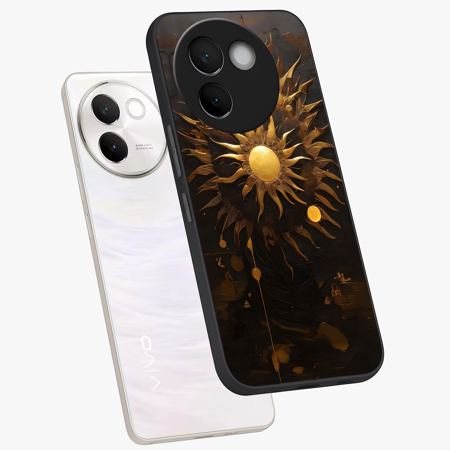 Golden Sun Majesty Glass Case displayed in angled mockup highlighting eerie shadow illustration with gothic aesthetic.