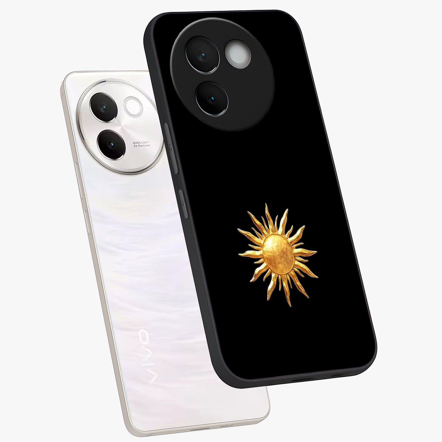 Golden Sun Minimalism Glass Case displayed in angled mockup highlighting eerie shadow illustration with gothic aesthetic.