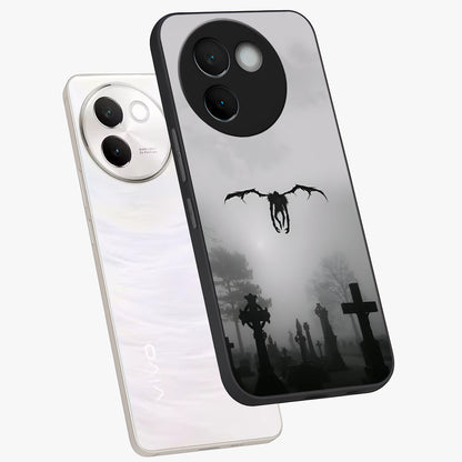 Graveyard Shadow Descent Glass Case displayed in angled mockup highlighting eerie shadow illustration with gothic aesthetic.