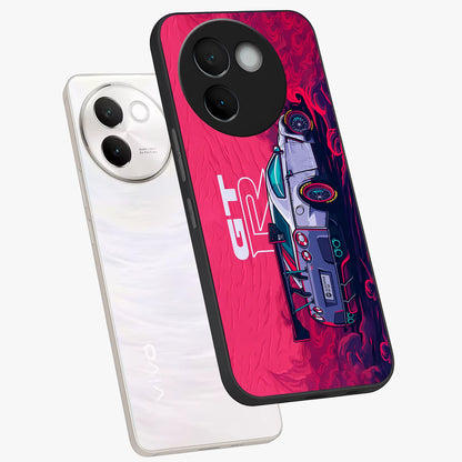 GT-R Car Pattern Glass Case displayed in angled mockup highlighting racing car graphic design with bold automotive aesthetic.