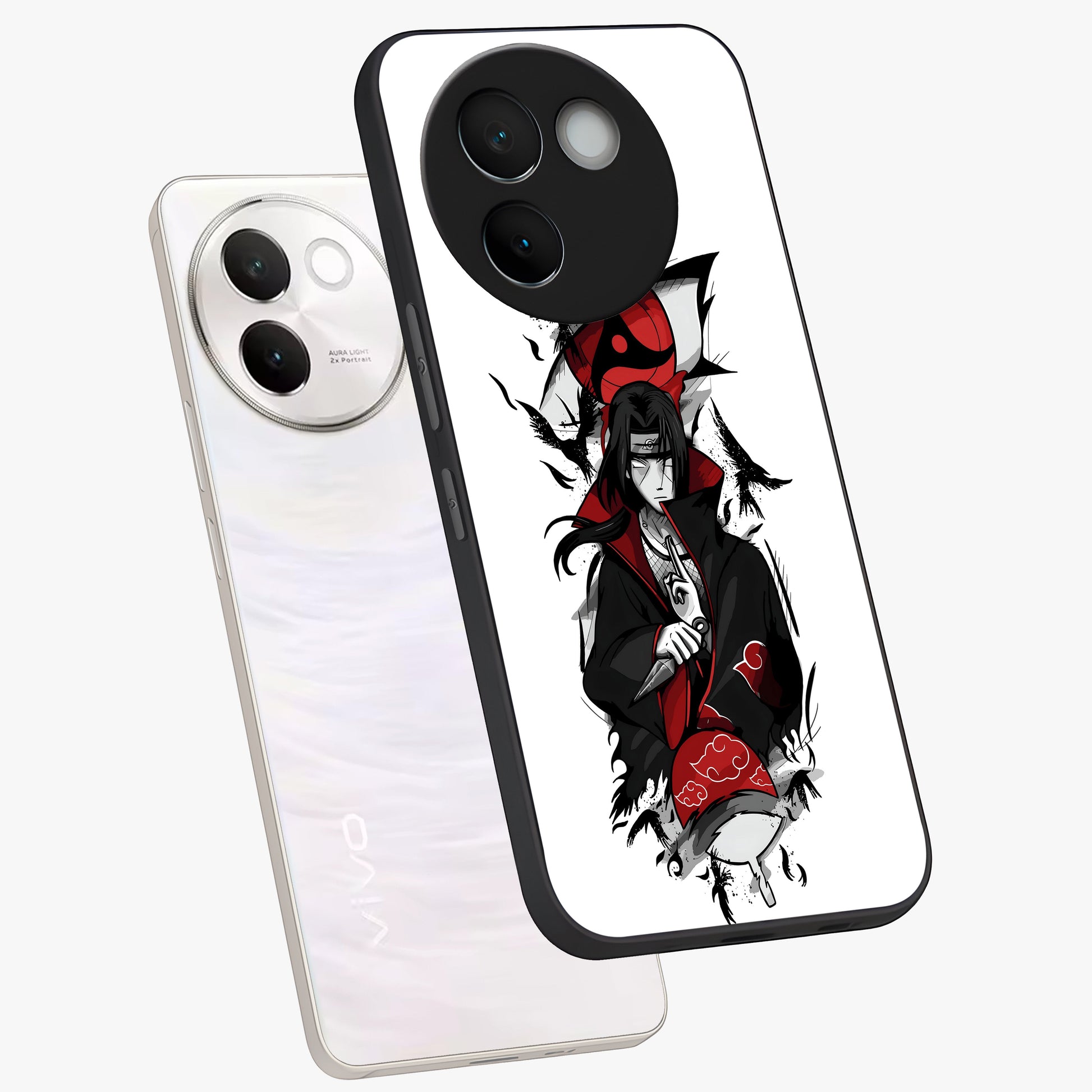 Itachi Limited Edition Naruto Anime Glass Case displayed in angled mockup highlighting dramatic anime illustration with bold action aesthetic.