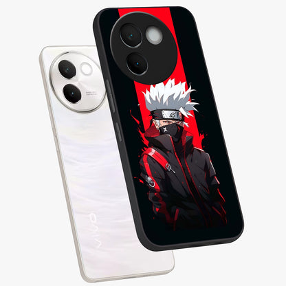 Kakashi Scarlet Shadow Glass Case displayed in angled mockup highlighting dramatic ninja illustration with scarlet themed aesthetic.