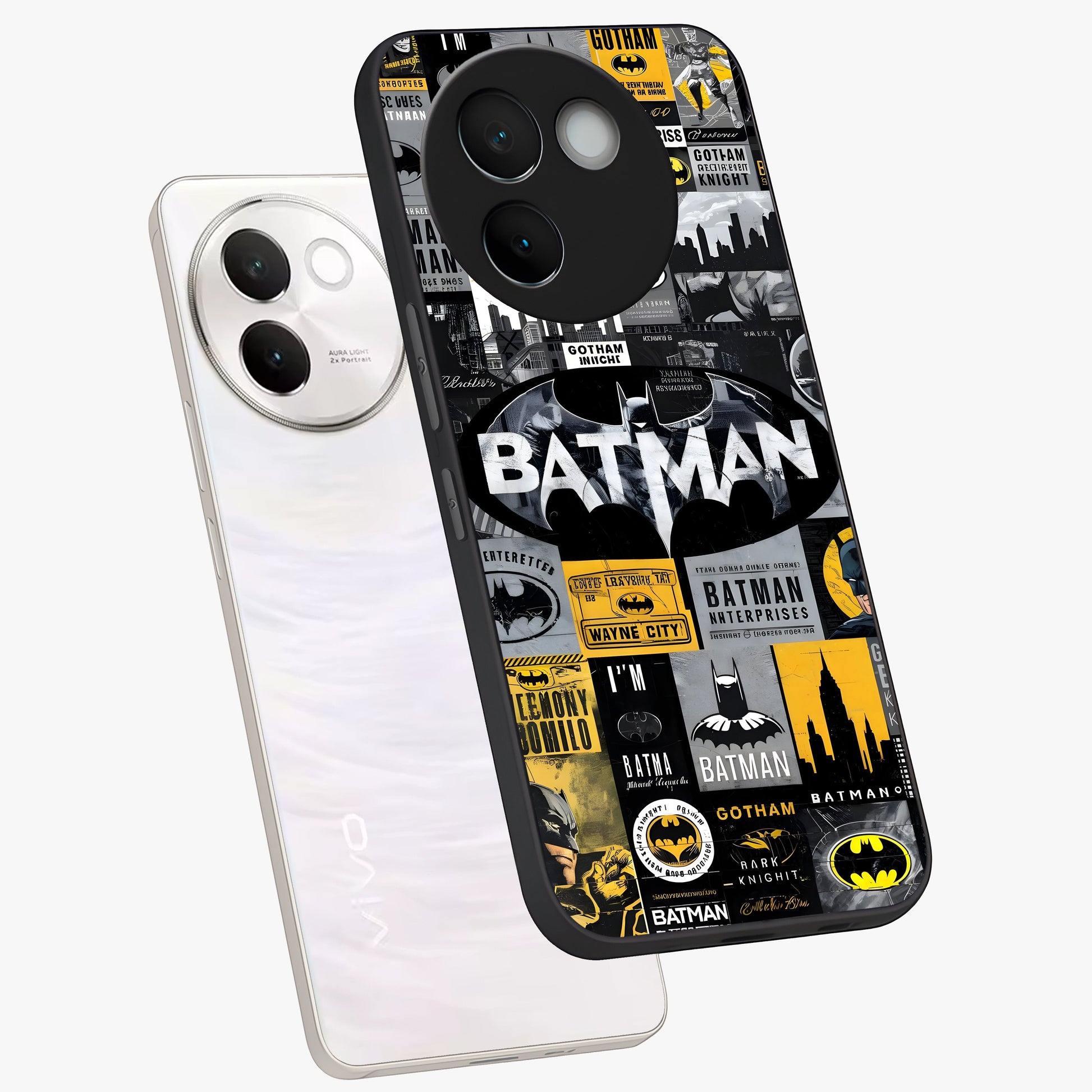 Knight Gotham Rise Glass Case displayed in angled mockup highlighting powerful knight silhouette design with dramatic aesthetic.
