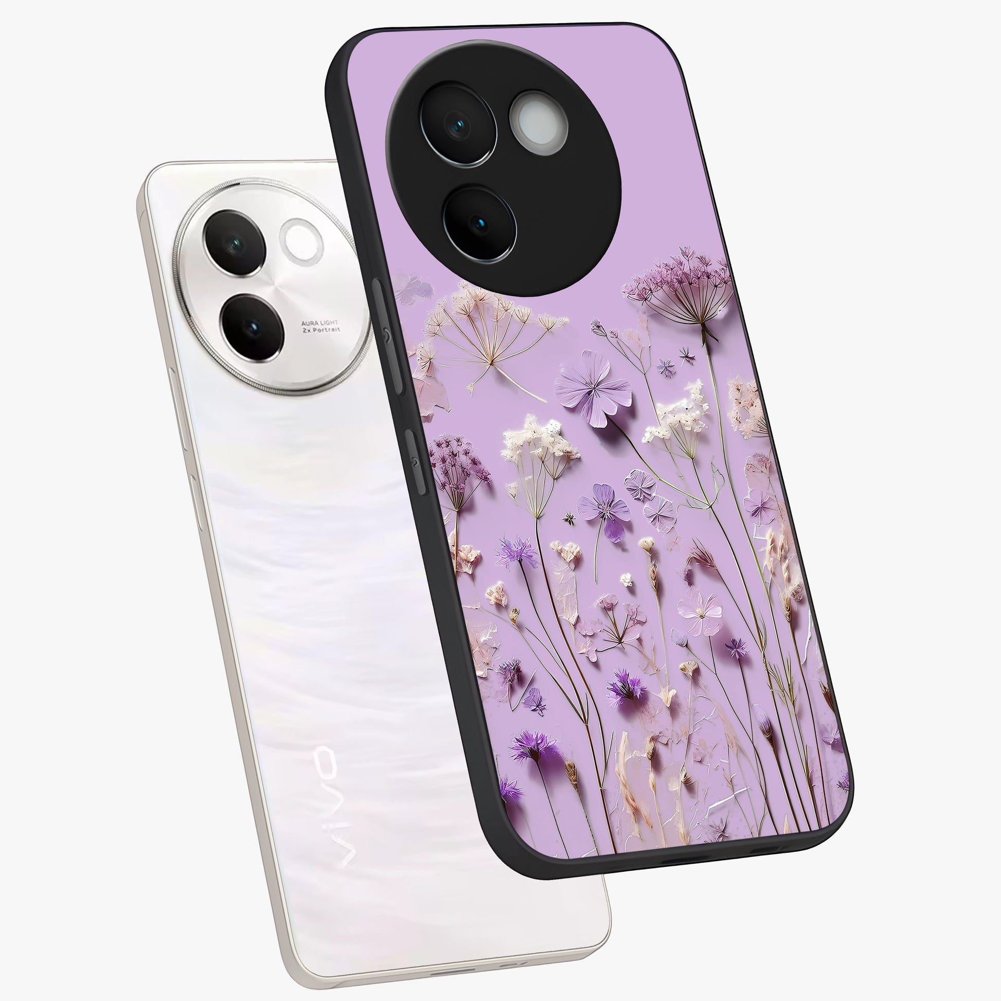 Lavender Blossom Dream Glass Case displayed in angled mockup highlighting dreamy lavender flower design with calming aesthetic style.