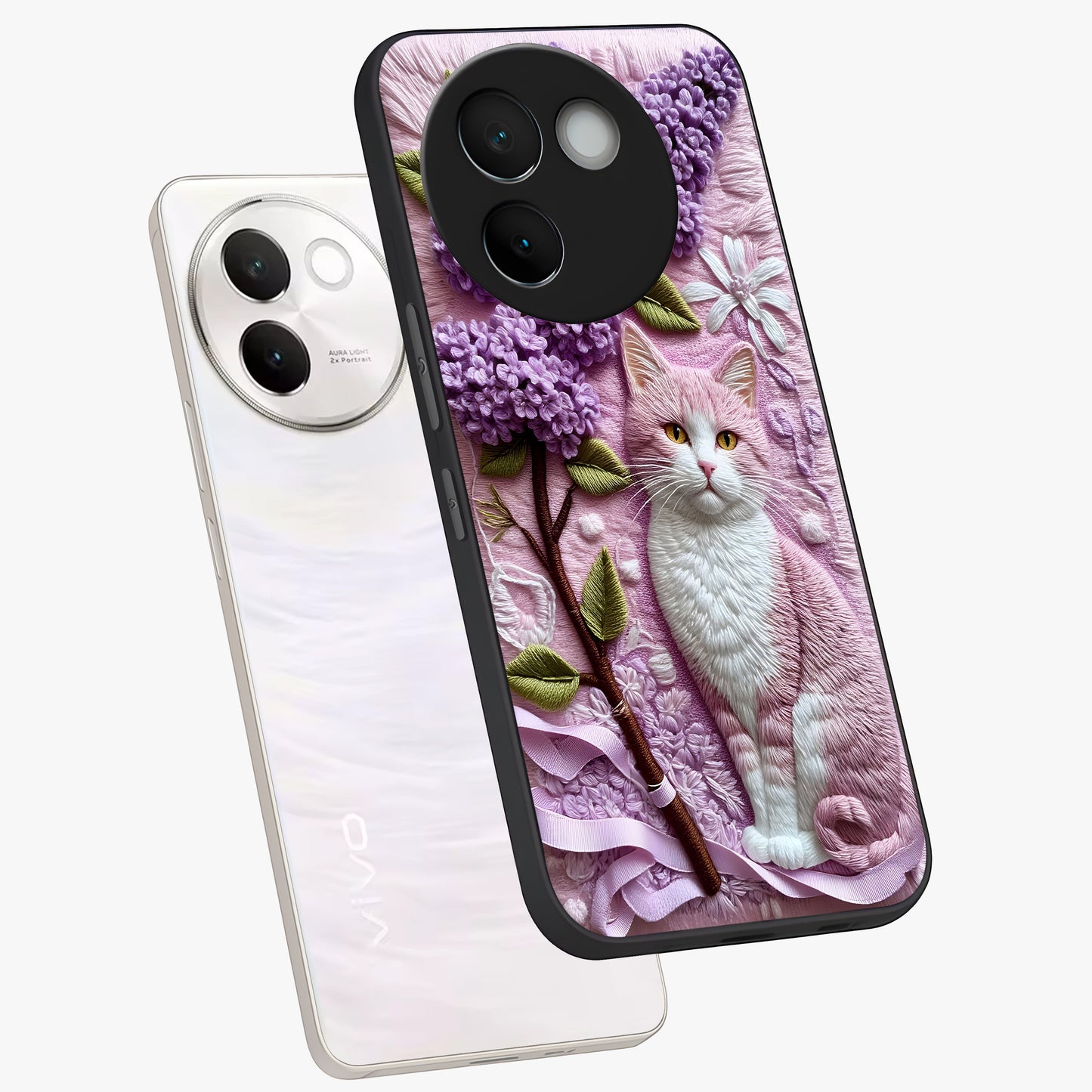 Lavender Cat Whimsy Glass Case displayed in angled mockup highlighting playful feline illustration with pastel lavender aesthetic.