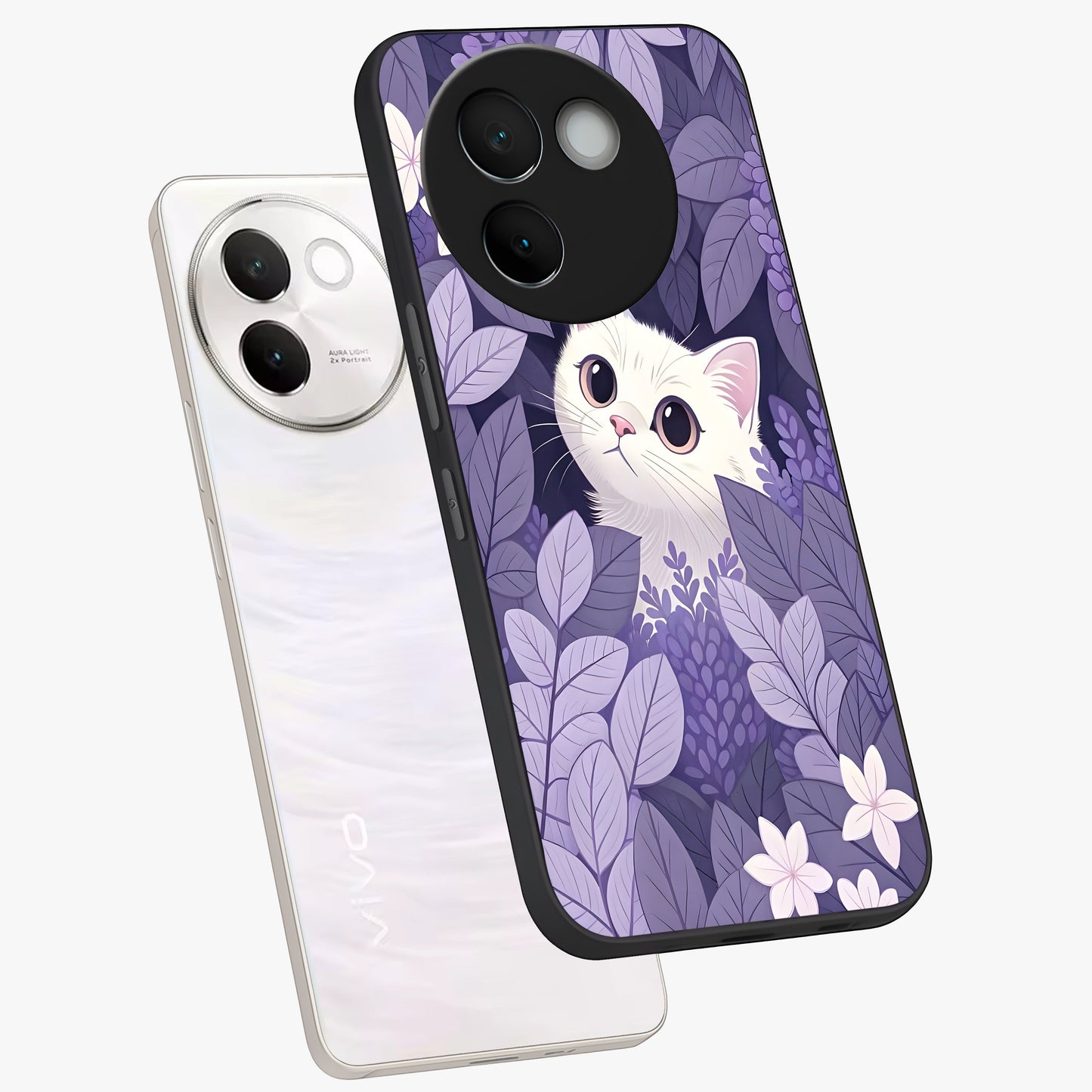 Lilac Hide Peek Cat Glass Case displayed in angled mockup highlighting playful feline illustration with lilac aesthetic design.