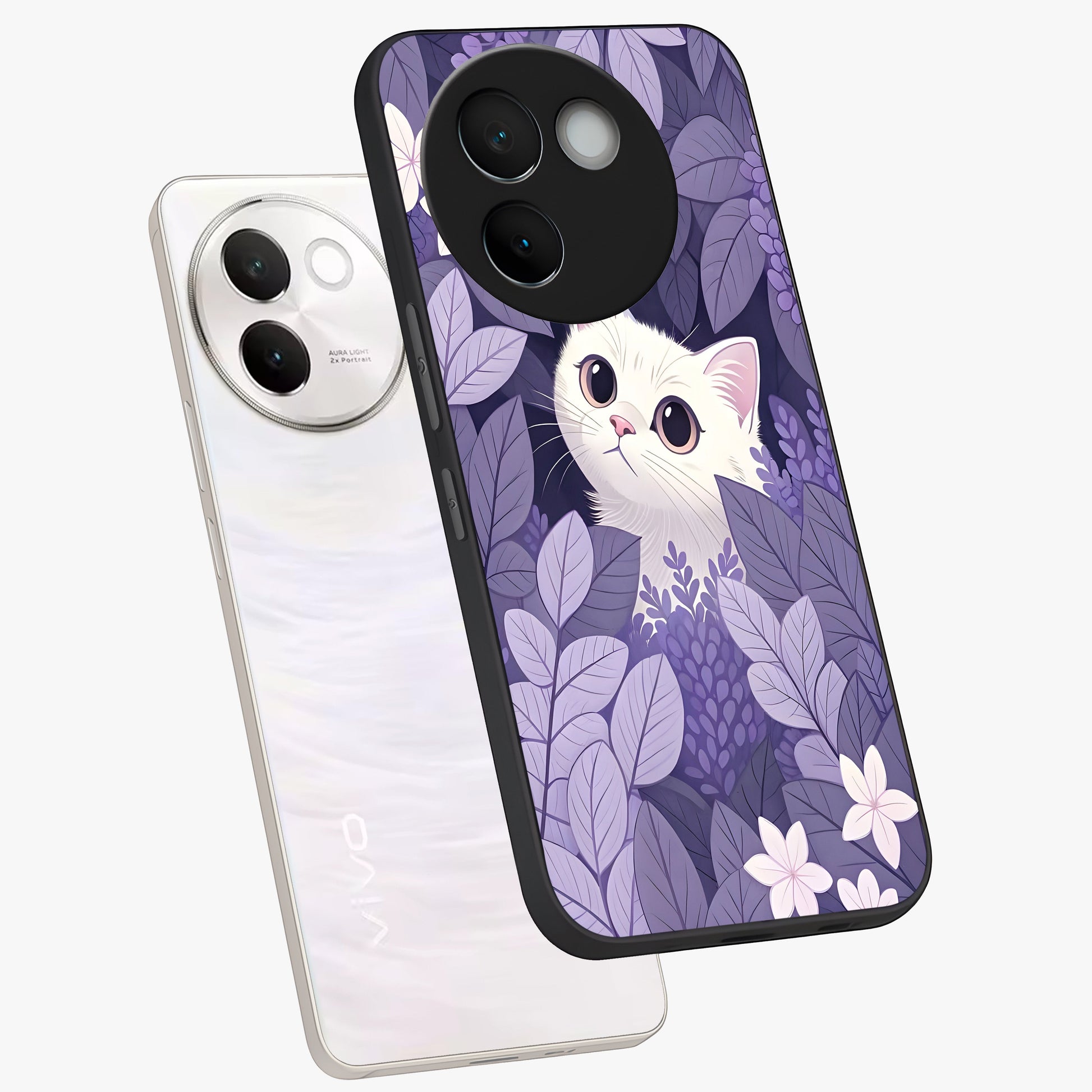 Lilac Hide Peek Cat Glass Case displayed in angled mockup highlighting playful feline illustration with lilac aesthetic design.