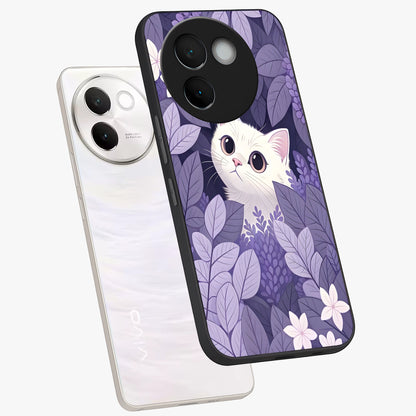 Lilac Hide Peek Cat Glass Case displayed in angled mockup highlighting playful feline illustration with lilac aesthetic design.