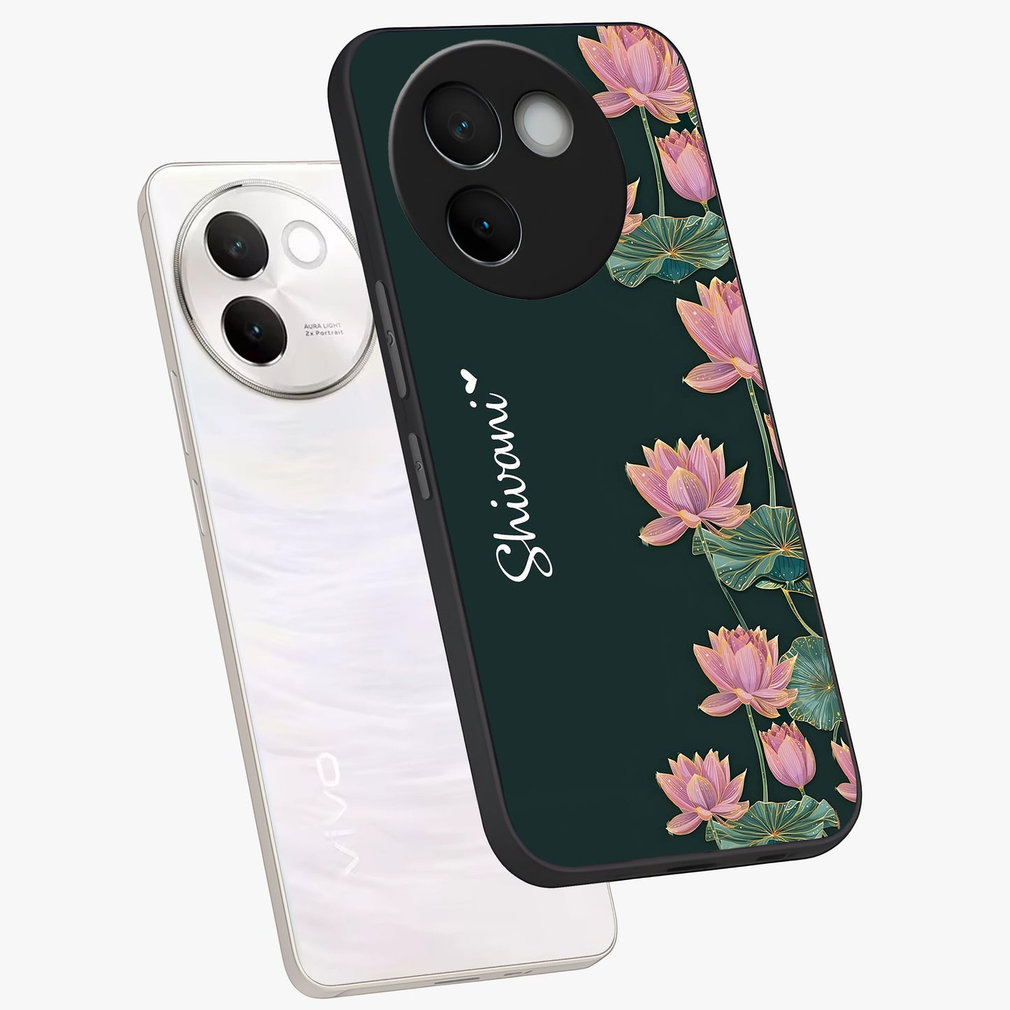 Lotus Bloom Serenity Custom Name Glass Case displayed in angled mockup highlighting graceful lotus illustration with custom name feature.