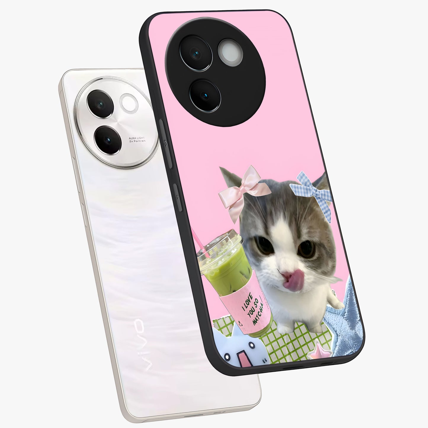 Love Matcha Cat Glass Case displayed in angled mockup highlighting playful feline illustration with cozy matcha aesthetic.