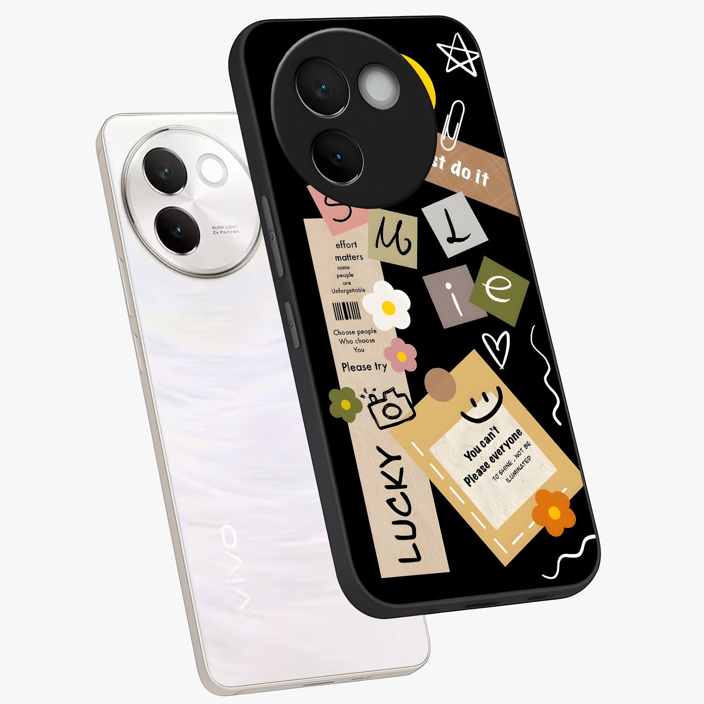 Lucky Aesthetic Collage Glass Case displayed in angled mockup highlighting stylish collage pattern with modern aesthetic vibe.