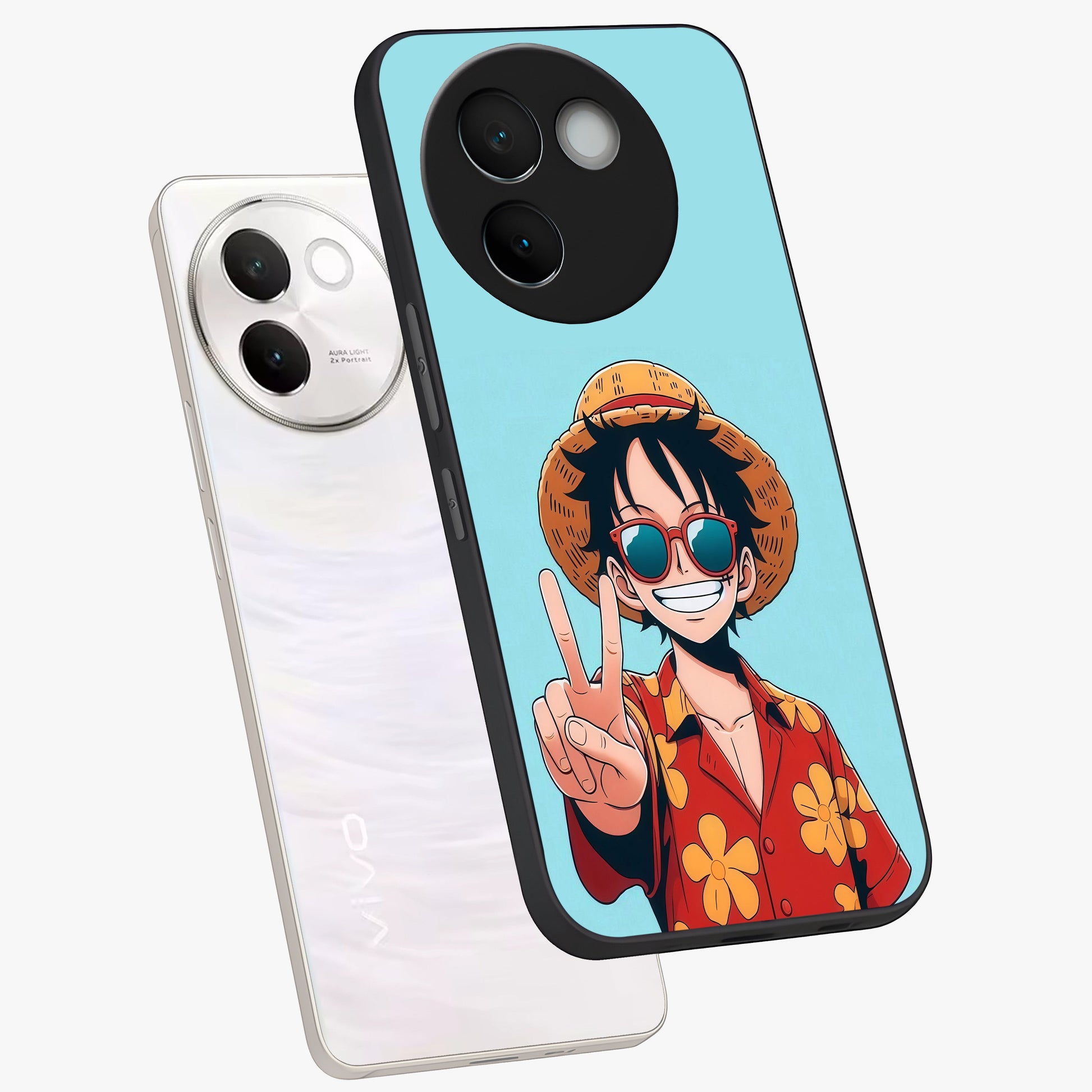Luffy Summer Anime Vibe Glass Case displayed in angled mockup highlighting energetic anime illustration with summer vibe aesthetic.