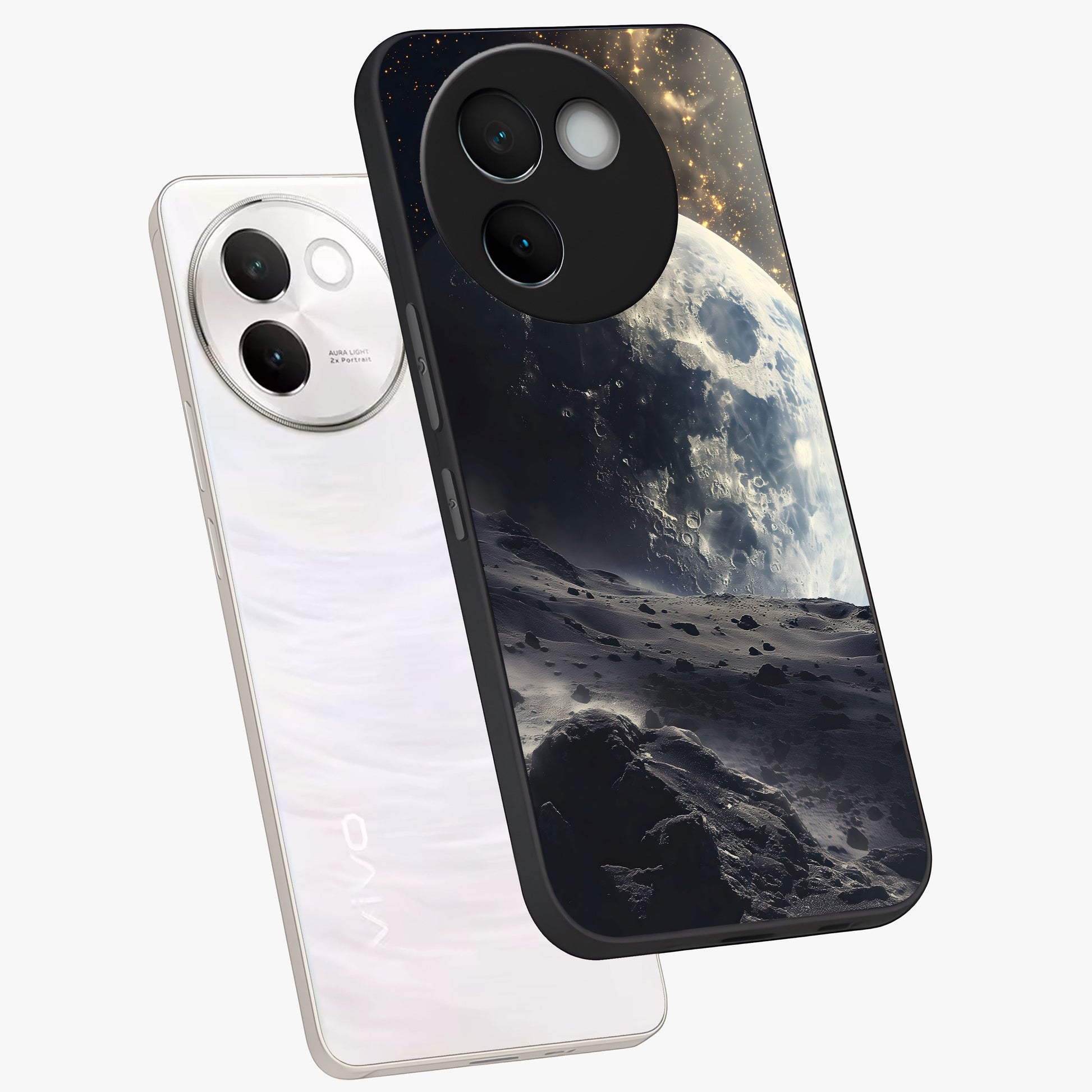 Lunar Horizon Glow Glass Case displayed in angled mockup highlighting celestial moon design with dreamy night aesthetic.