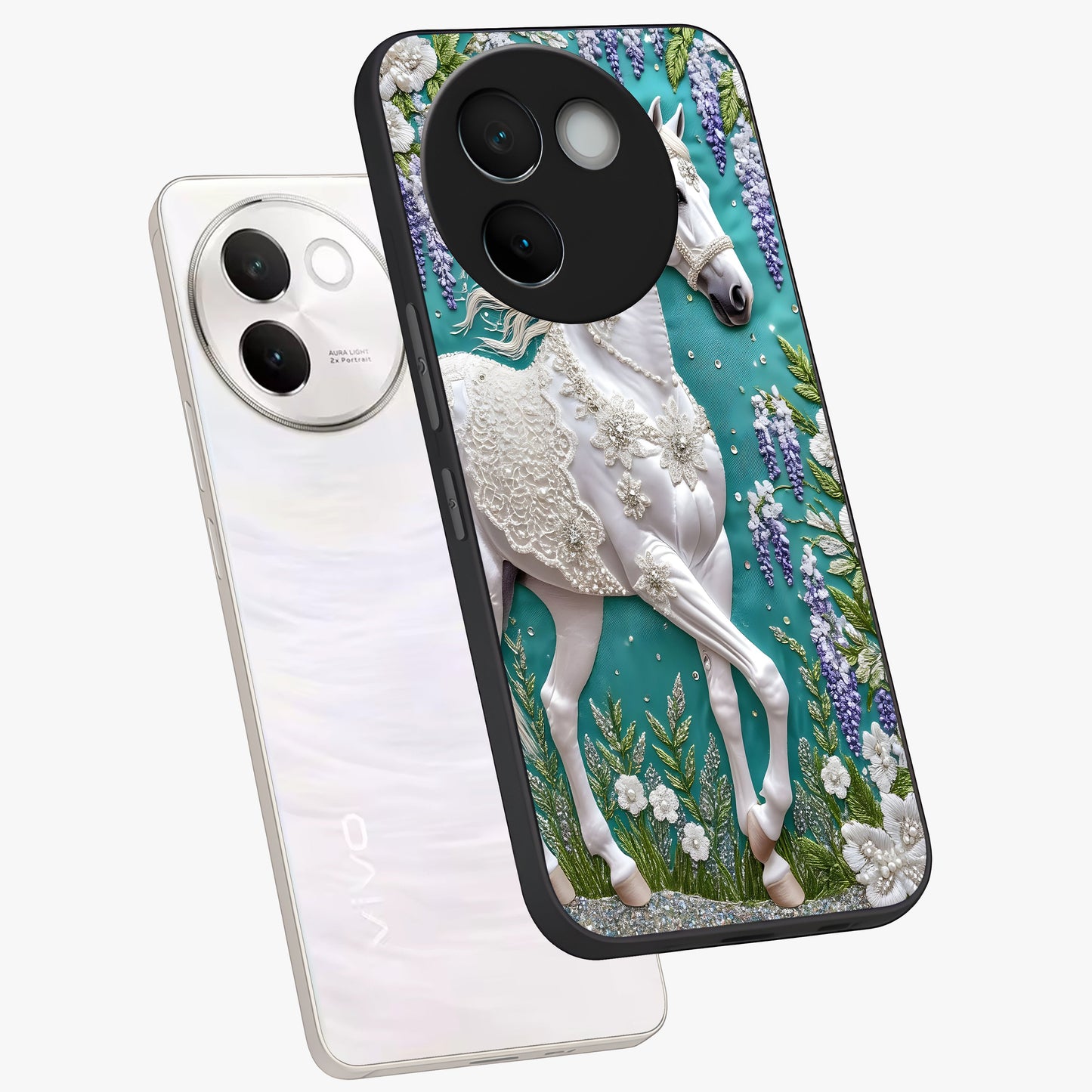 Majestic Floral Stallion Glass Case displayed in angled mockup highlighting majestic stallion illustration with elegant floral aesthetic.