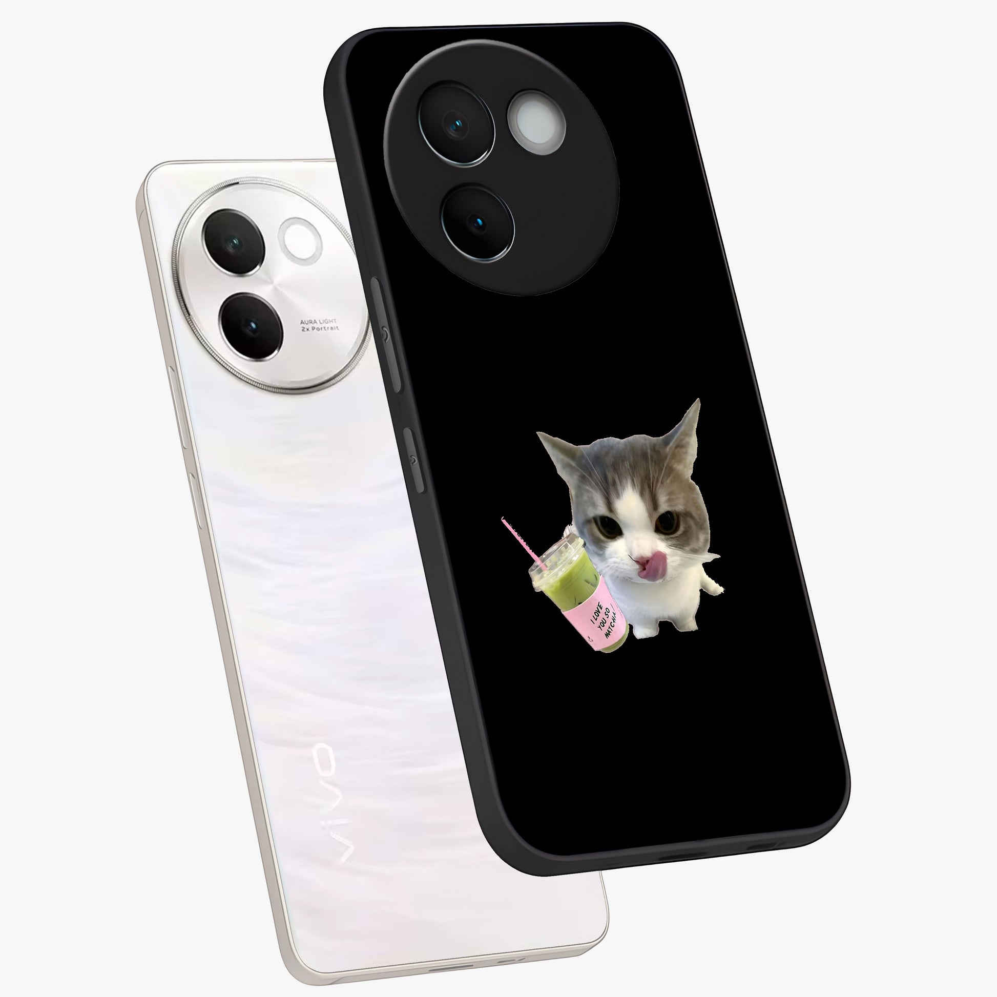 Matcha Cat Style Glass Case displayed in angled mockup highlighting playful feline design with pastel matcha aesthetic.