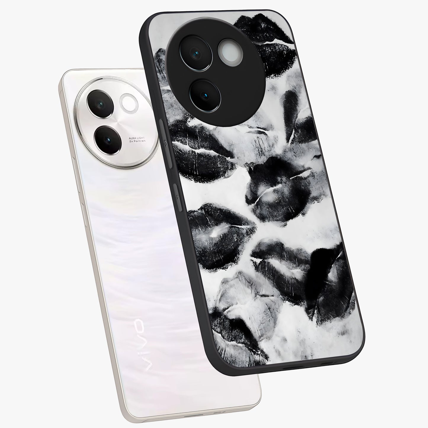 Midnight Kiss Marks Glass Case displayed in angled mockup highlighting playful romantic design with bold midnight aesthetic.