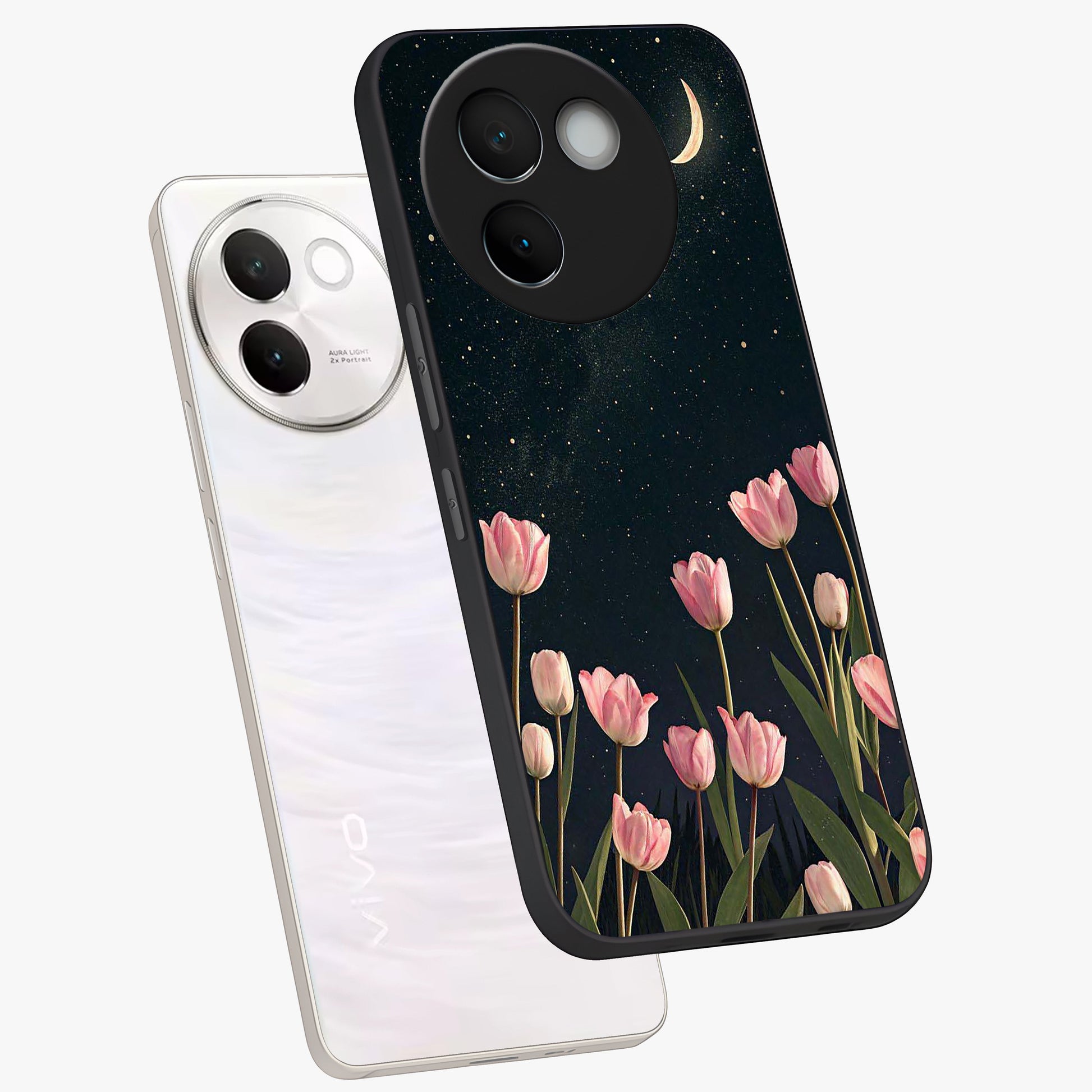Midnight Tulip Whispers Vibe Glass Case displayed in angled mockup highlighting delicate tulip design with midnight floral aesthetic.