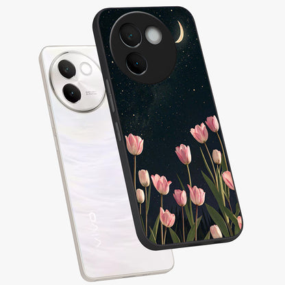 Midnight Tulip Whispers Vibe Glass Case displayed in angled mockup highlighting delicate tulip design with midnight floral aesthetic.
