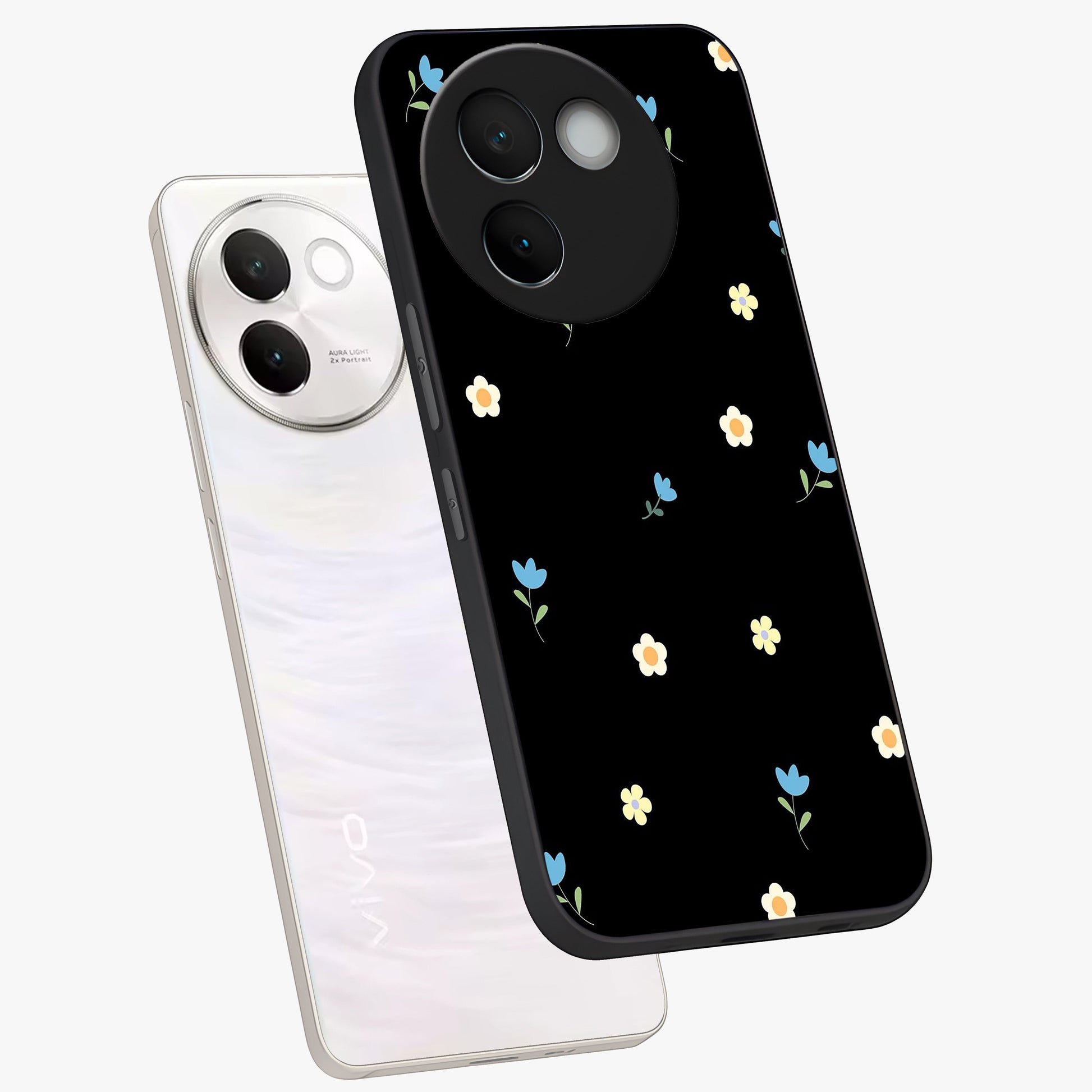 Minimal Petal Whispers Glass Case displayed in angled mockup highlighting delicate petal design with clean minimal aesthetic.