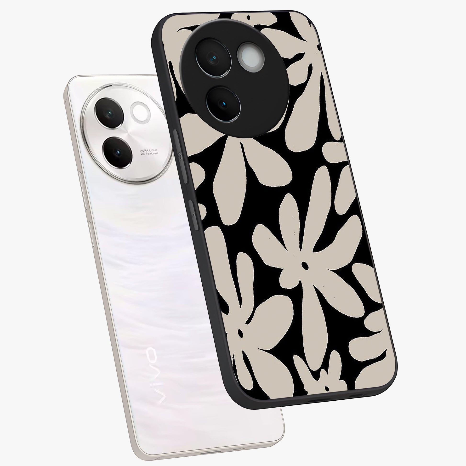 Monochrome Petal Dance Glass Case displayed in angled mockup highlighting elegant petal design with black and white aesthetic.