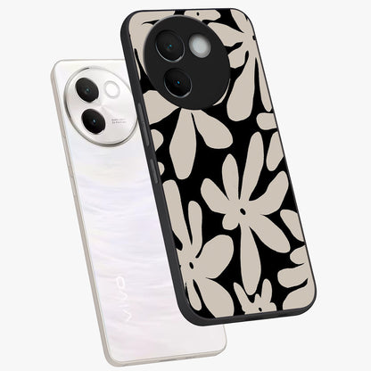 Monochrome Petal Dance Glass Case displayed in angled mockup highlighting elegant petal design with black and white aesthetic.