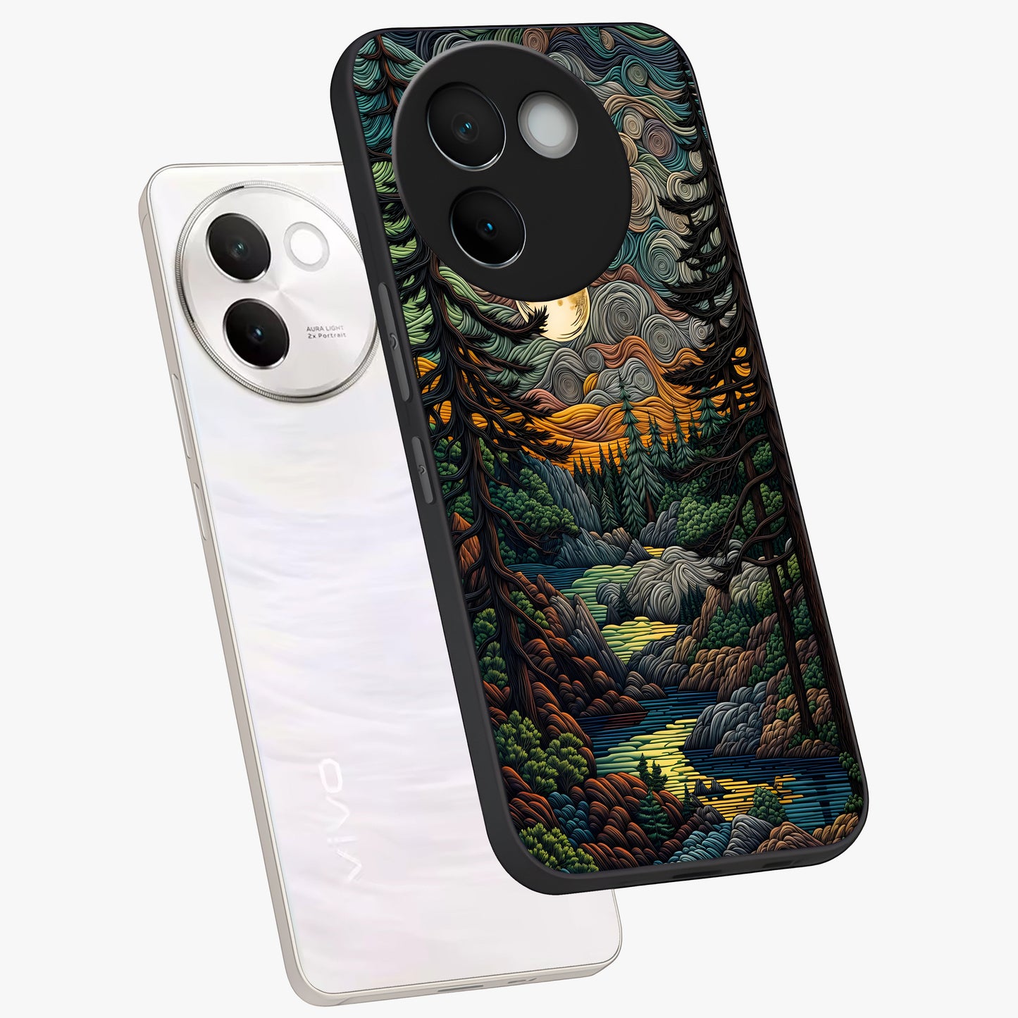 Moonlight Forest Dream Glass Case displayed in angled mockup highlighting dreamy forest design with glowing moon aesthetic.