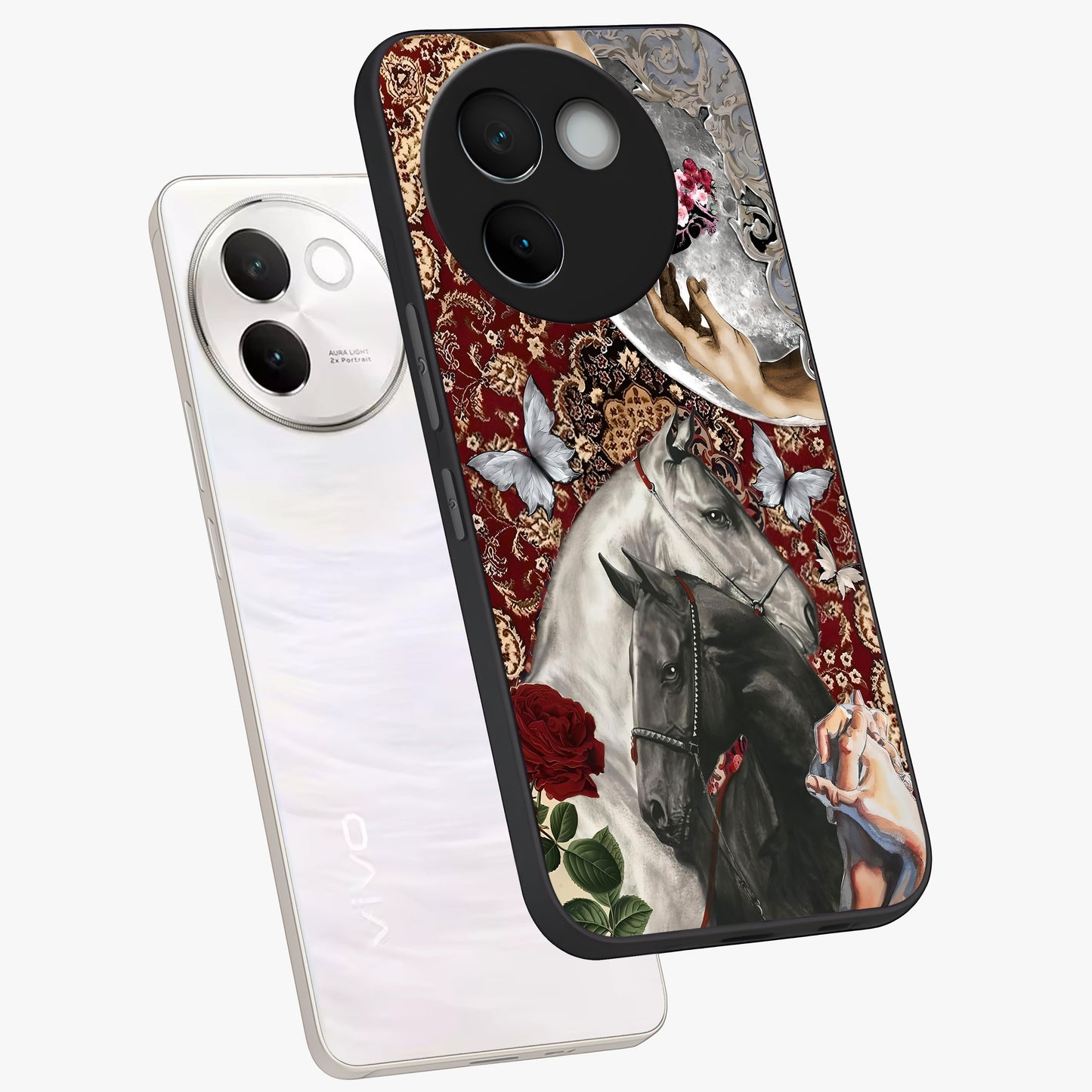 Moonlit Royal Stallion Glass Case displayed in angled mockup highlighting powerful stallion illustration with royal night aesthetic.