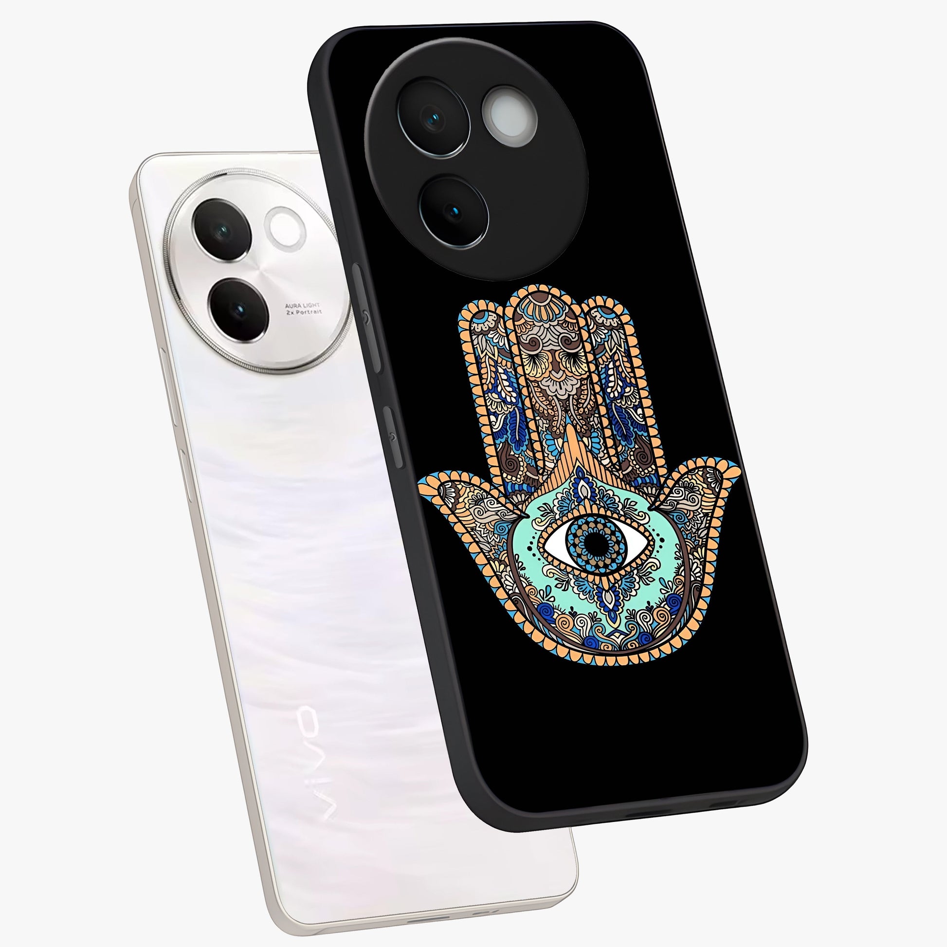 Mystic Hamsa Eye Glass Case displayed in angled mockup highlighting spiritual hamsa symbol with mystical aesthetic style.