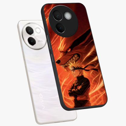 Nine Tails Legacy Glass Case displayed in angled mockup highlighting dynamic anime beast illustration with bold mystical aesthetic.