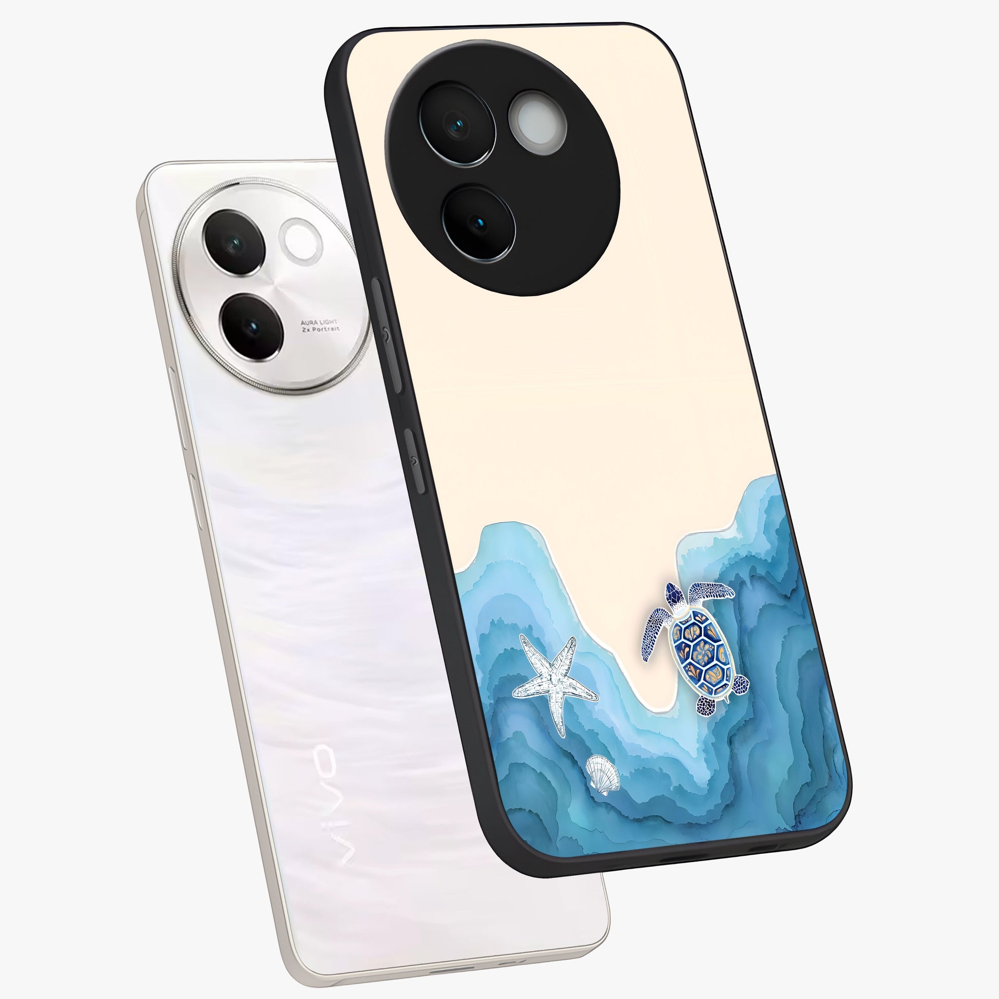 Ocean Drift Turtle Glass Case displayed in angled mockup highlighting peaceful ocean turtle illustration with marine aesthetic.