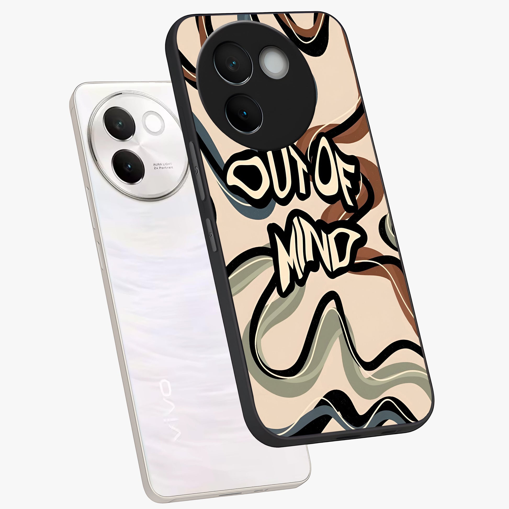 Out Of Mind Glass Case displayed in angled mockup highlighting bold statement design with modern artistic aesthetic.