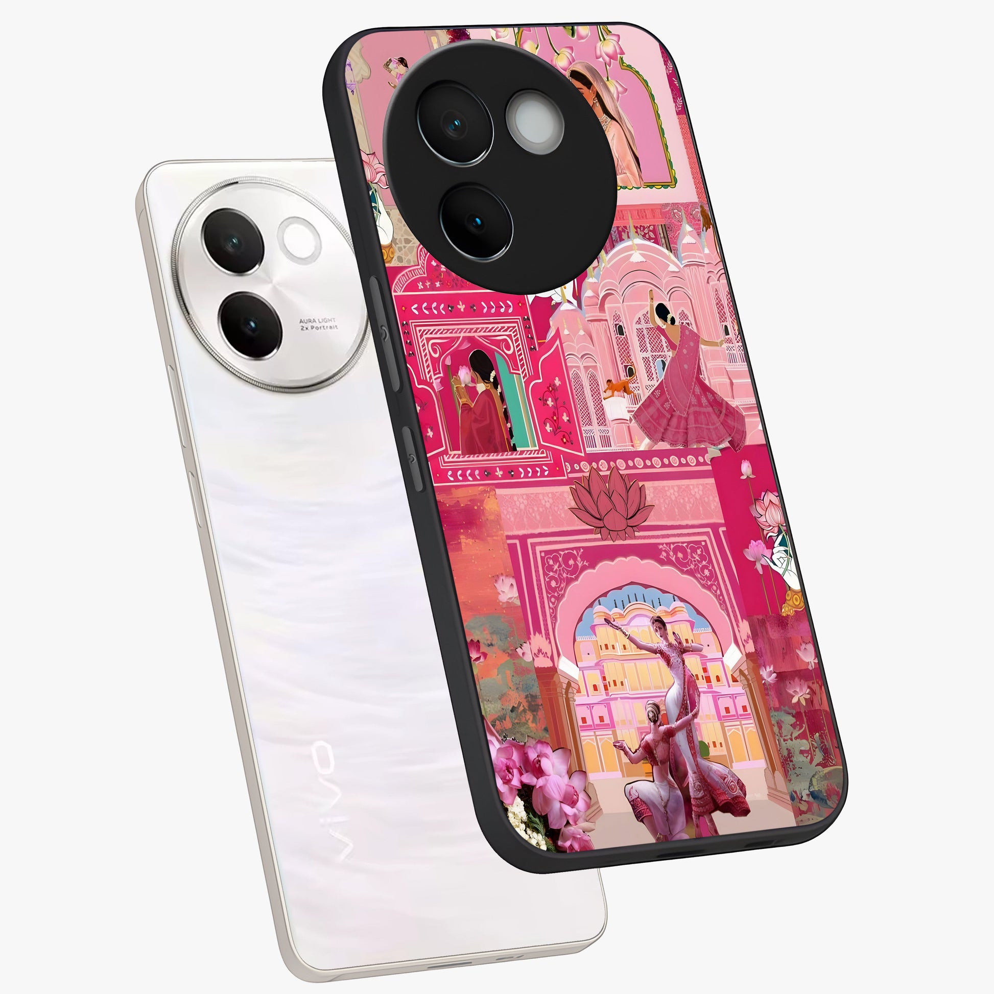 Pink Palace Muse Glass Case displayed in angled mockup highlighting dreamy palace illustration with soft pink aesthetic.