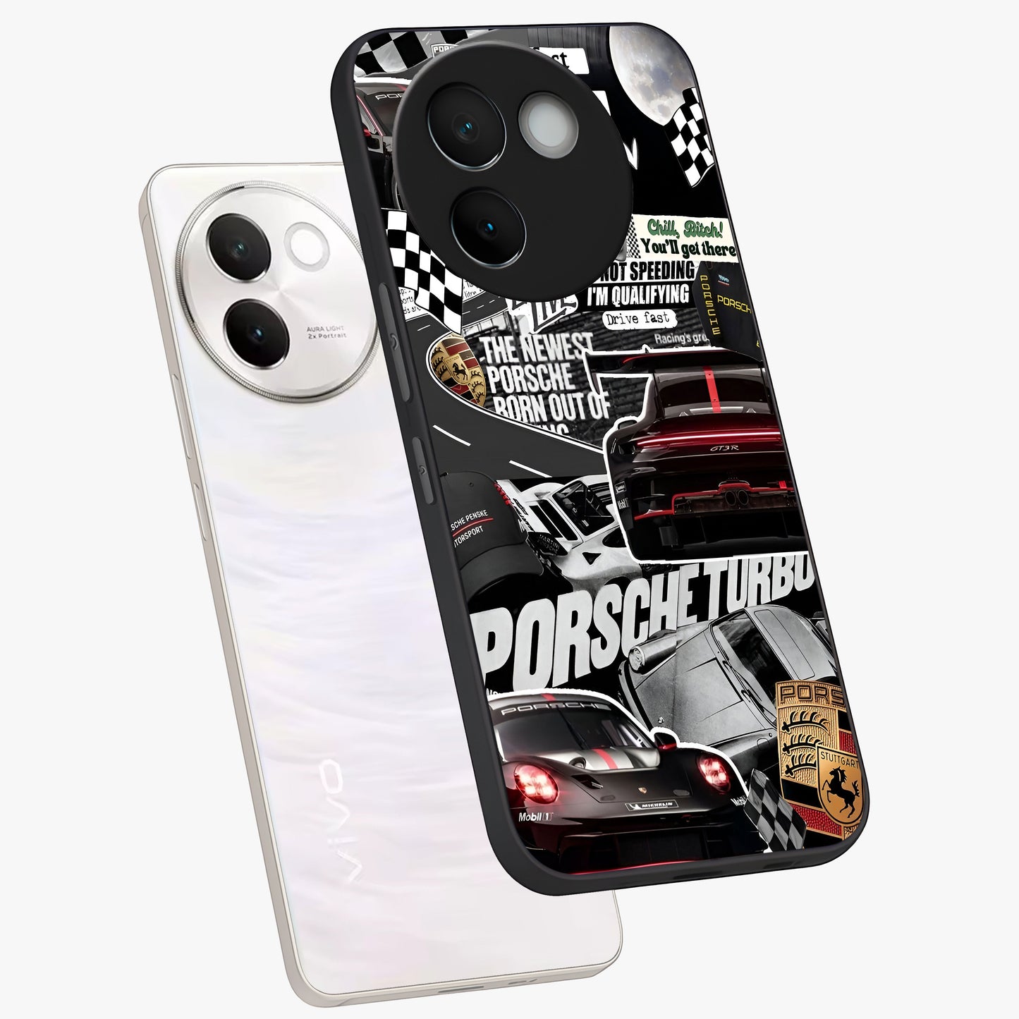 Porsche Racing Collage Glass Case displayed in angled mockup highlighting dynamic automotive design with bold racing aesthetic.