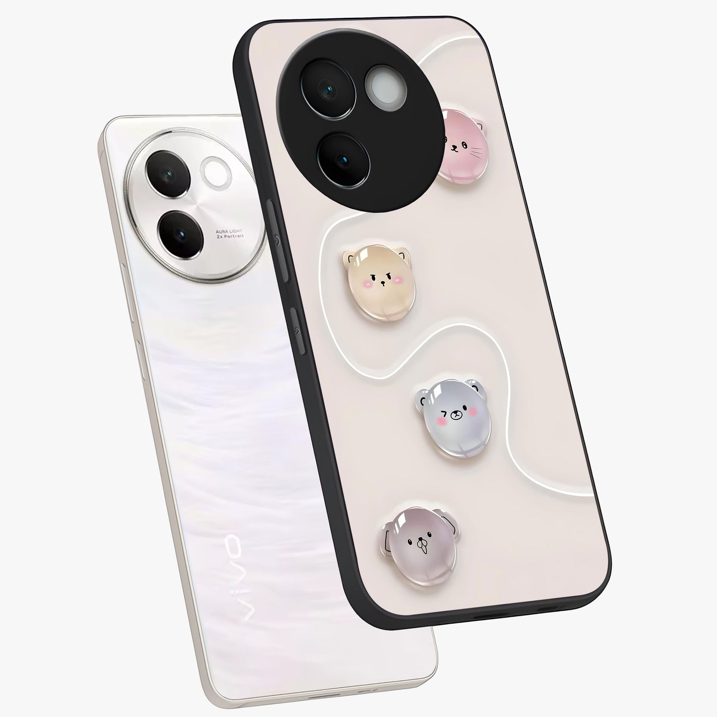 Puffy Face Parade Glass Case displayed in angled mockup highlighting playful cartoon face design with fun aesthetic.