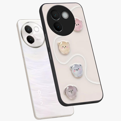 Puffy Face Parade Glass Case displayed in angled mockup highlighting playful cartoon face design with fun aesthetic.